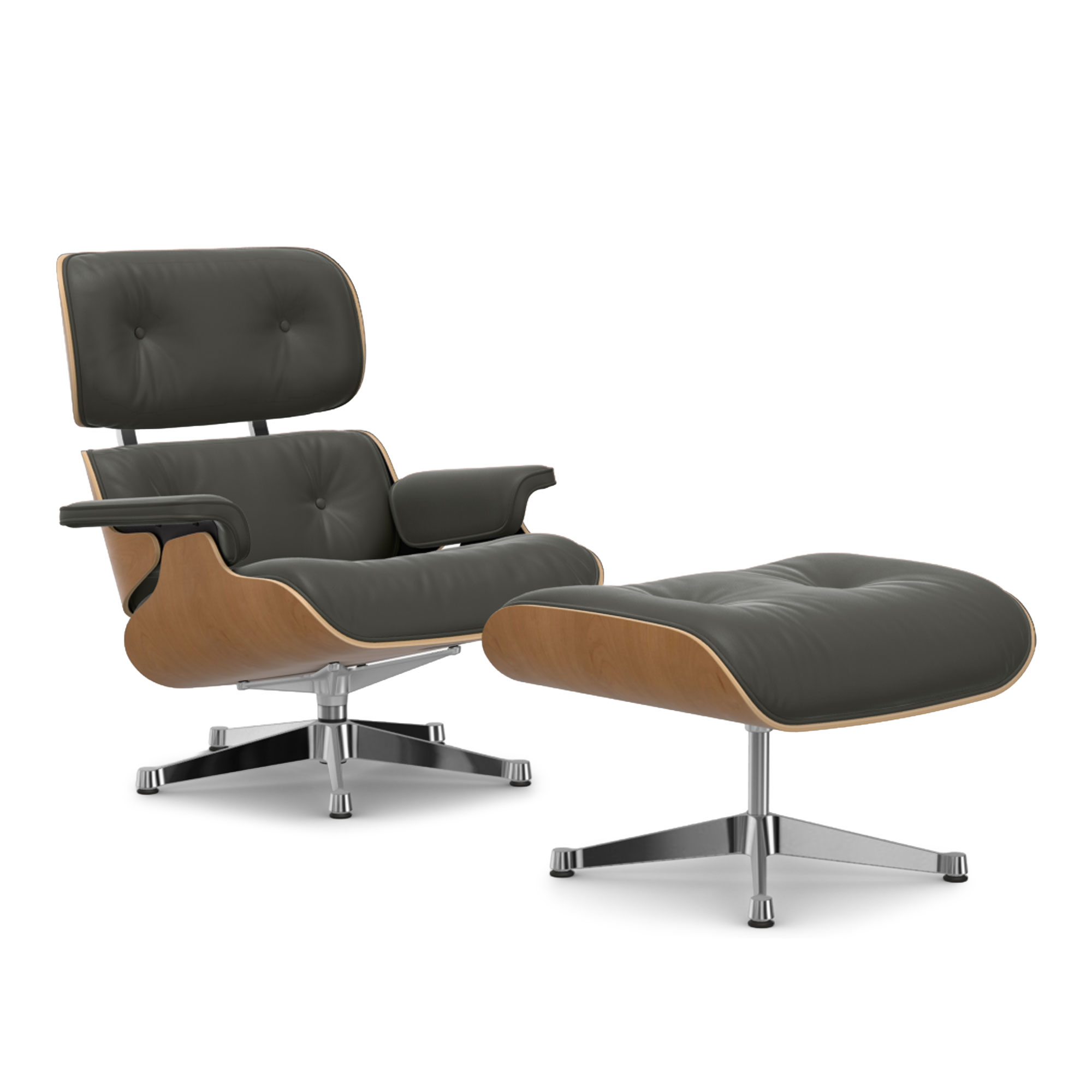 Vitra - Eames Lounge Set Cherry Leather Premium Umber Grey 61 Polished Aluminium - Fåtöljer - Charles & Ray Eames - Grå | Möbler - Fåtöljer Och Puffar - Fåtöljer | Möbelexperten