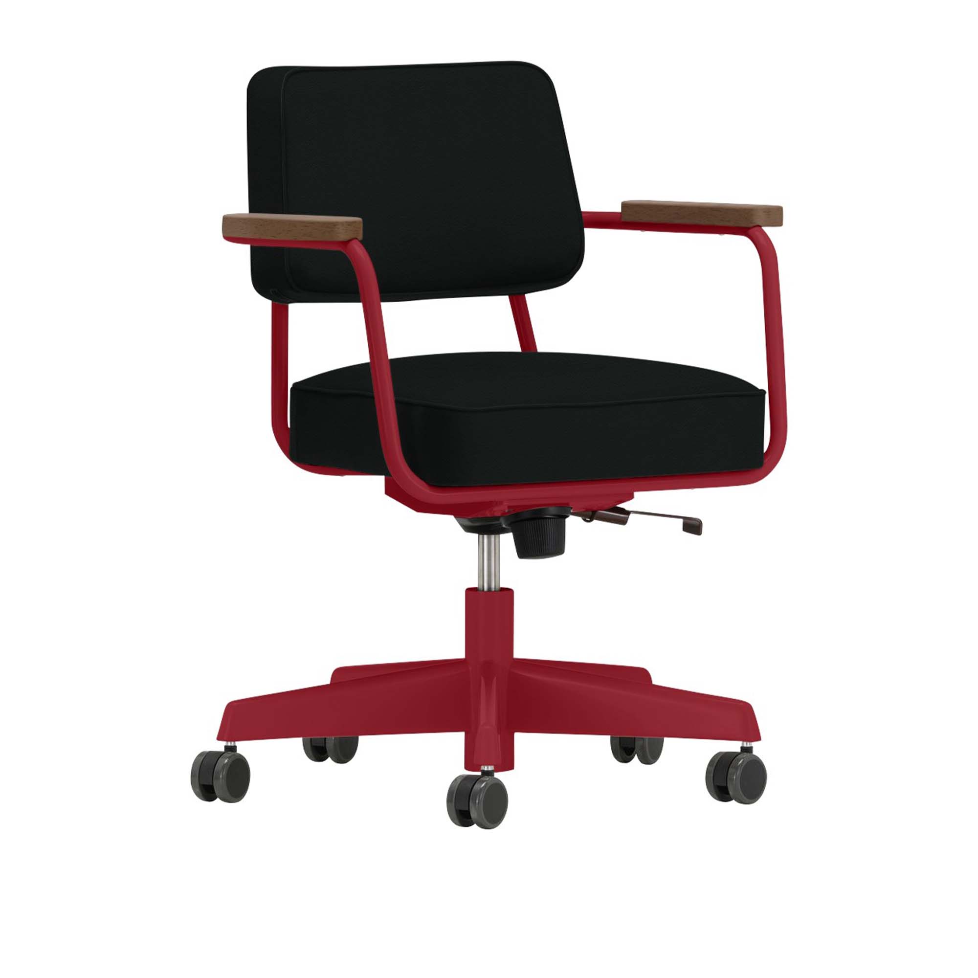 Vitra - Fauteuil Direction Pivotant, Walnut, Base Japanese Red, Leather Premium Cat. L40 Col. 66 Nero - Skrivbordsstolar - Jean Prouvé - Svart