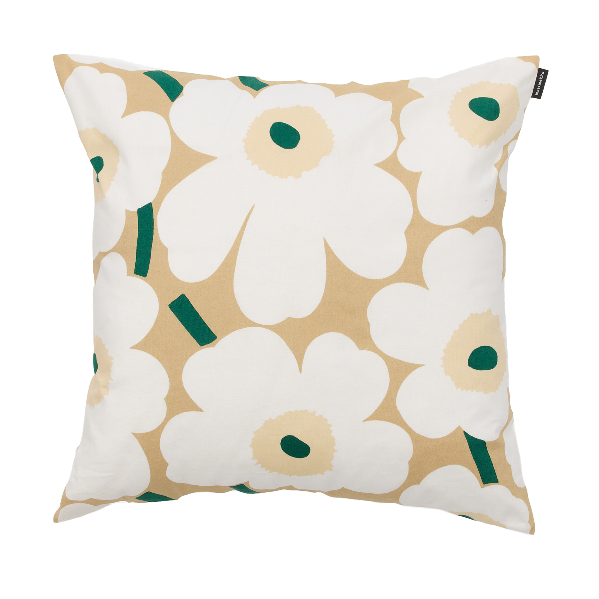 Marimekko - Pieni Unikko Cush.Cover 50 x 50 sand, white, emerald - Prydnadskuddar och kuddfodral - Maija Isola | Textilier - Plädar Och Prydnadskuddar - Prydnadskuddar Och Kuddfodral | Möbelexperten