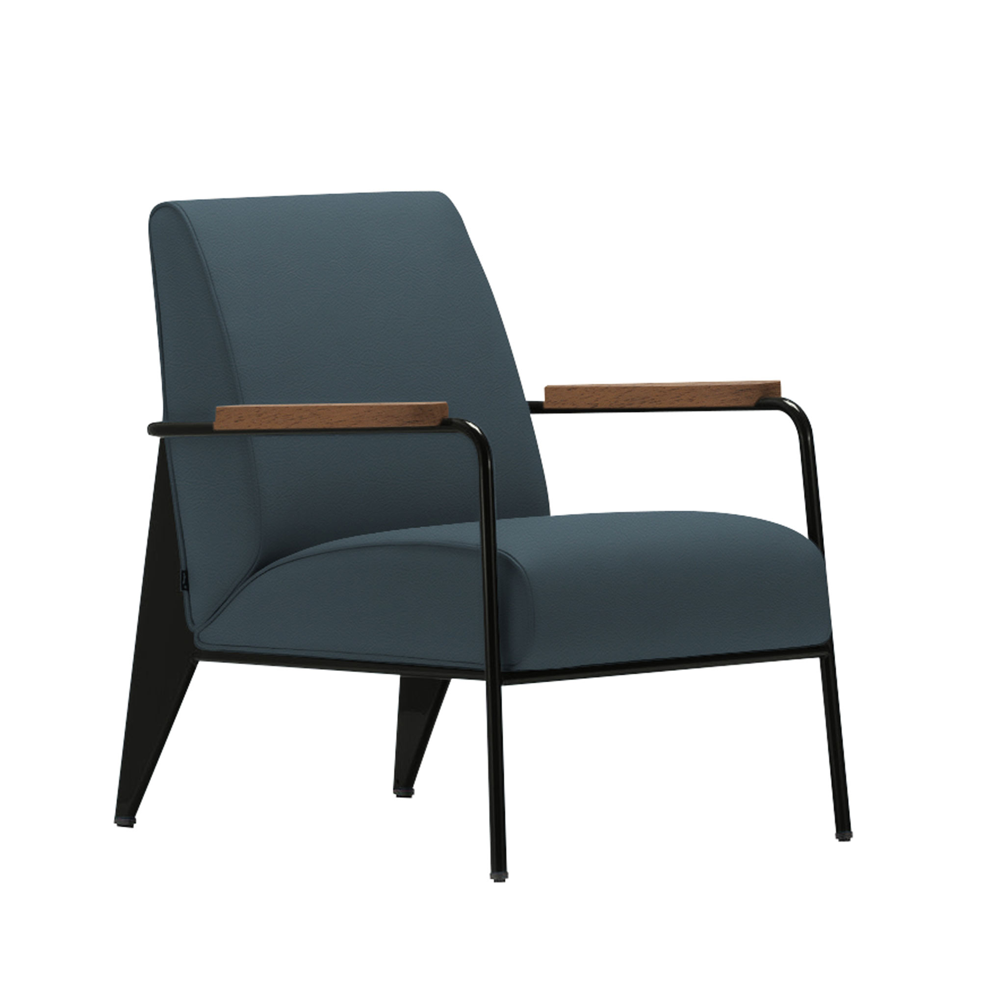 Vitra - Fauteuil de Salon, Base Deep Black, Walnut, Leather Premium Cat. L40 Col. 60 Smoke Blue - Fåtöljer - Jean Prouvé - Blå - Metall/Trä/Skum