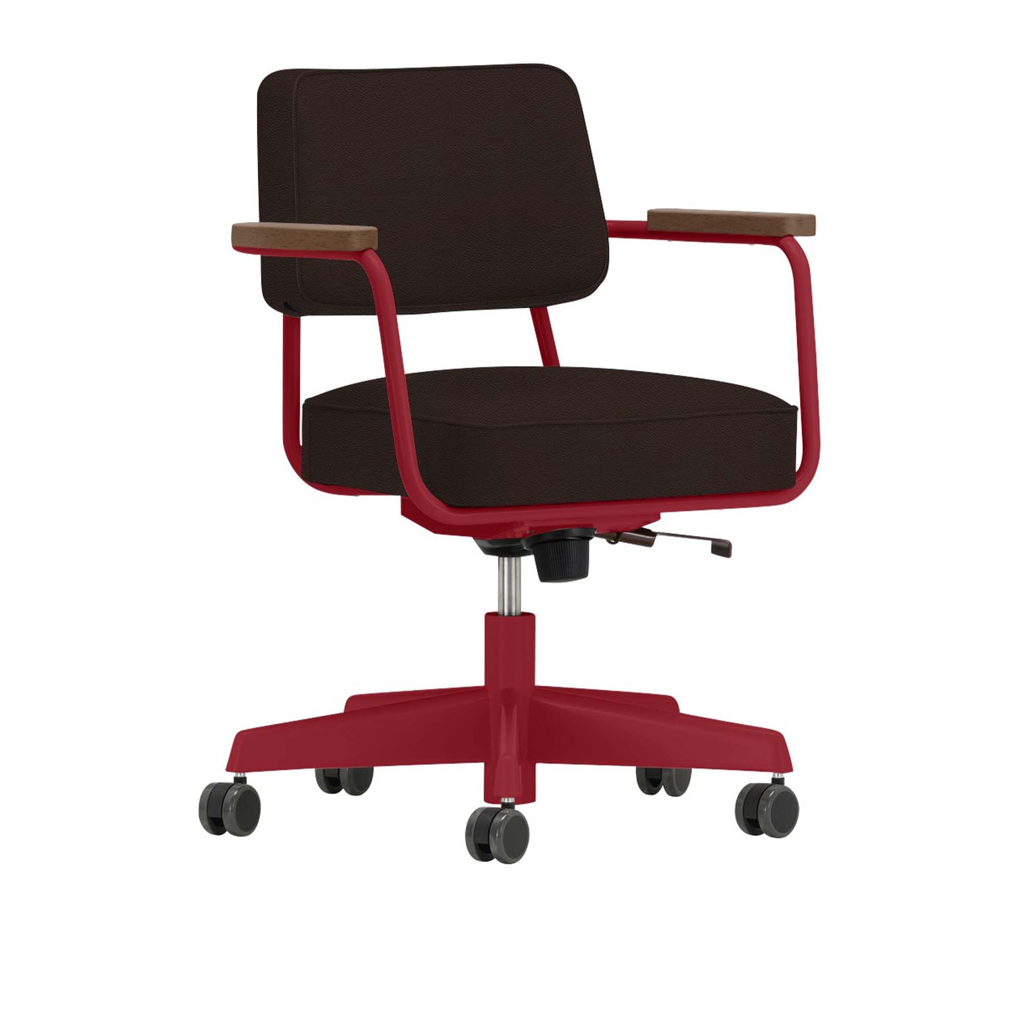 Vitra - Fauteuil Direction Pivotant, Walnut, Base Japanese Red, Leather Premium Cat. L40 Col. 68 Chocolate - Skrivbordsstolar - Jean Prouvé - Brun