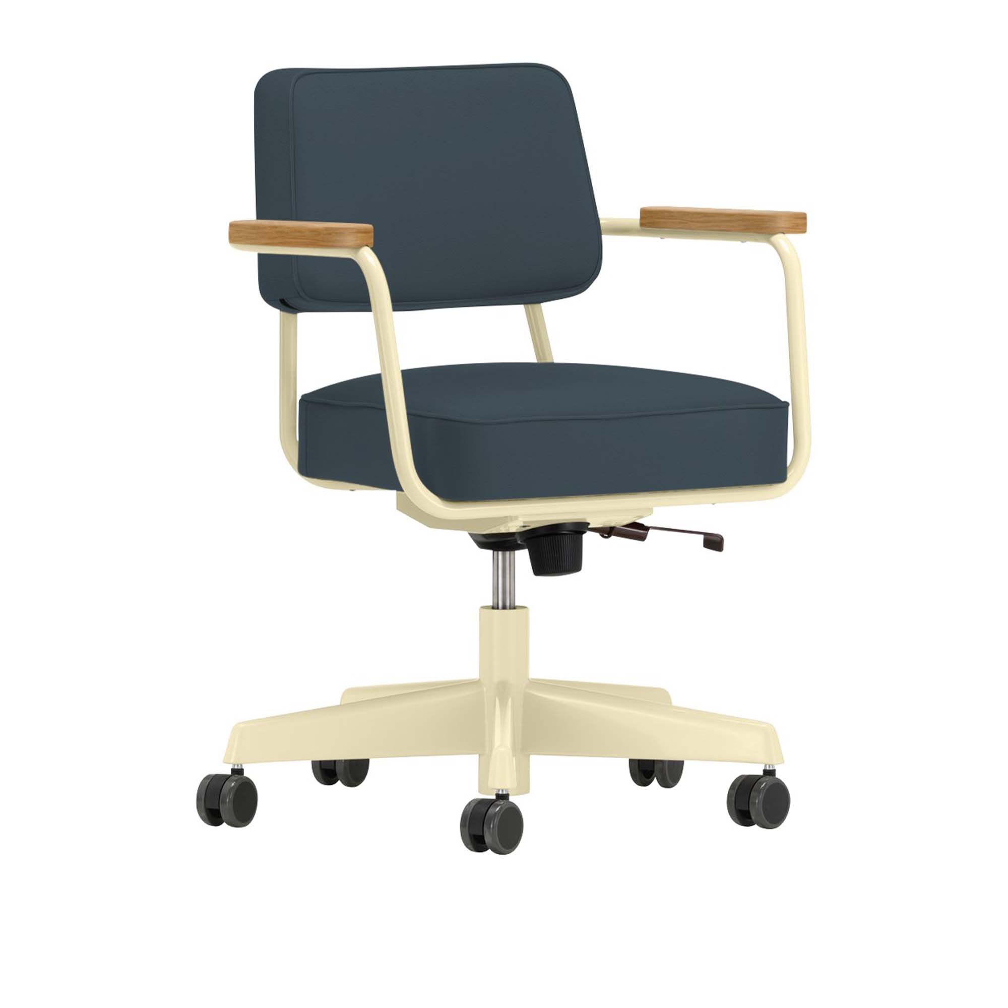 Vitra - Fauteuil Direction Pivotant, Base Ecru, Natural Oak, Leather Premium Cat. L40 Col. 60 Smoke Blue - Skrivbordsstolar - Jean Prouvé - Blå