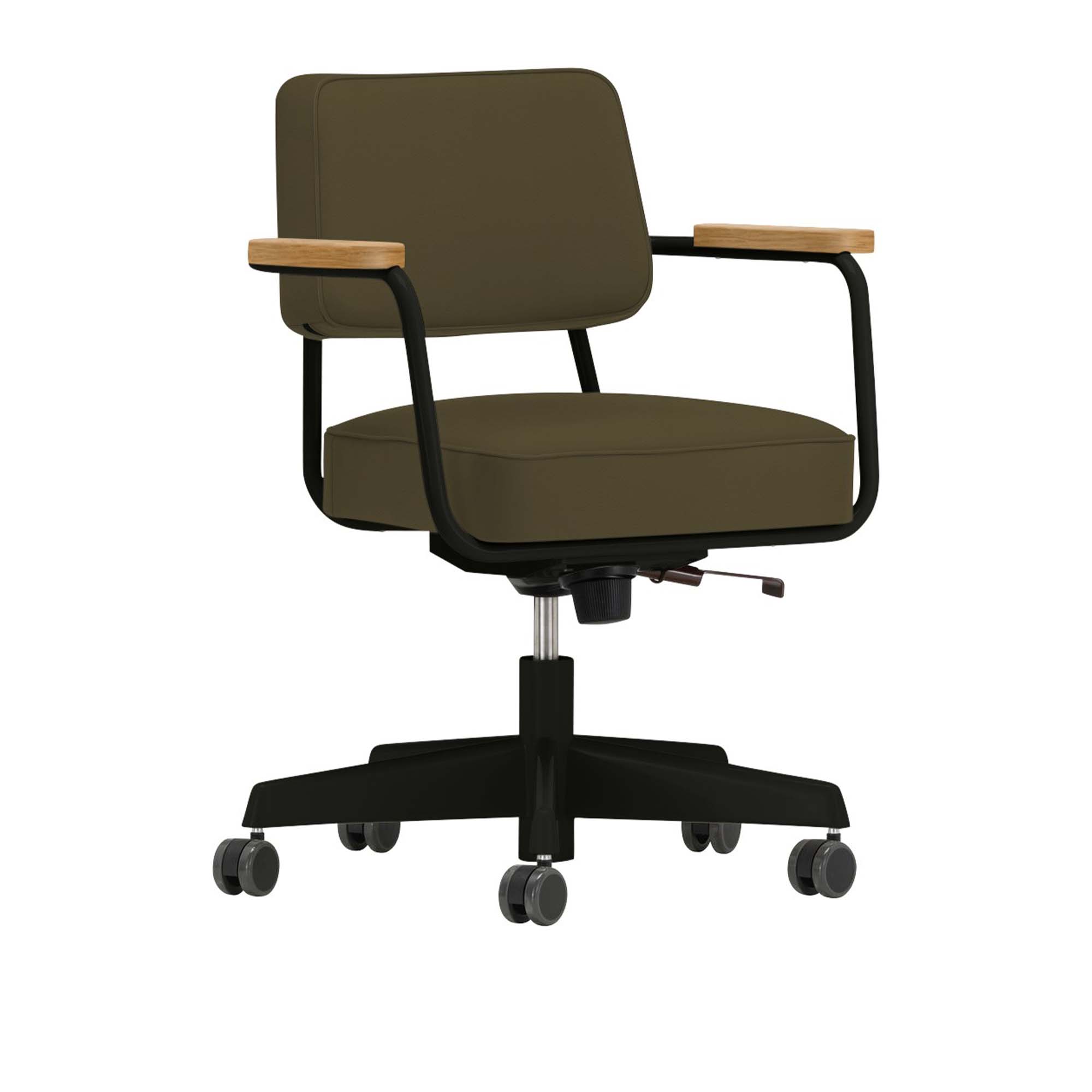 Vitra - Fauteuil Direction Pivotant, Base Deep Black, Natural oak, Leather Premium Cat. L40 Col. 58 Khaki - Skrivbordsstolar - Jean Prouvé - Grön