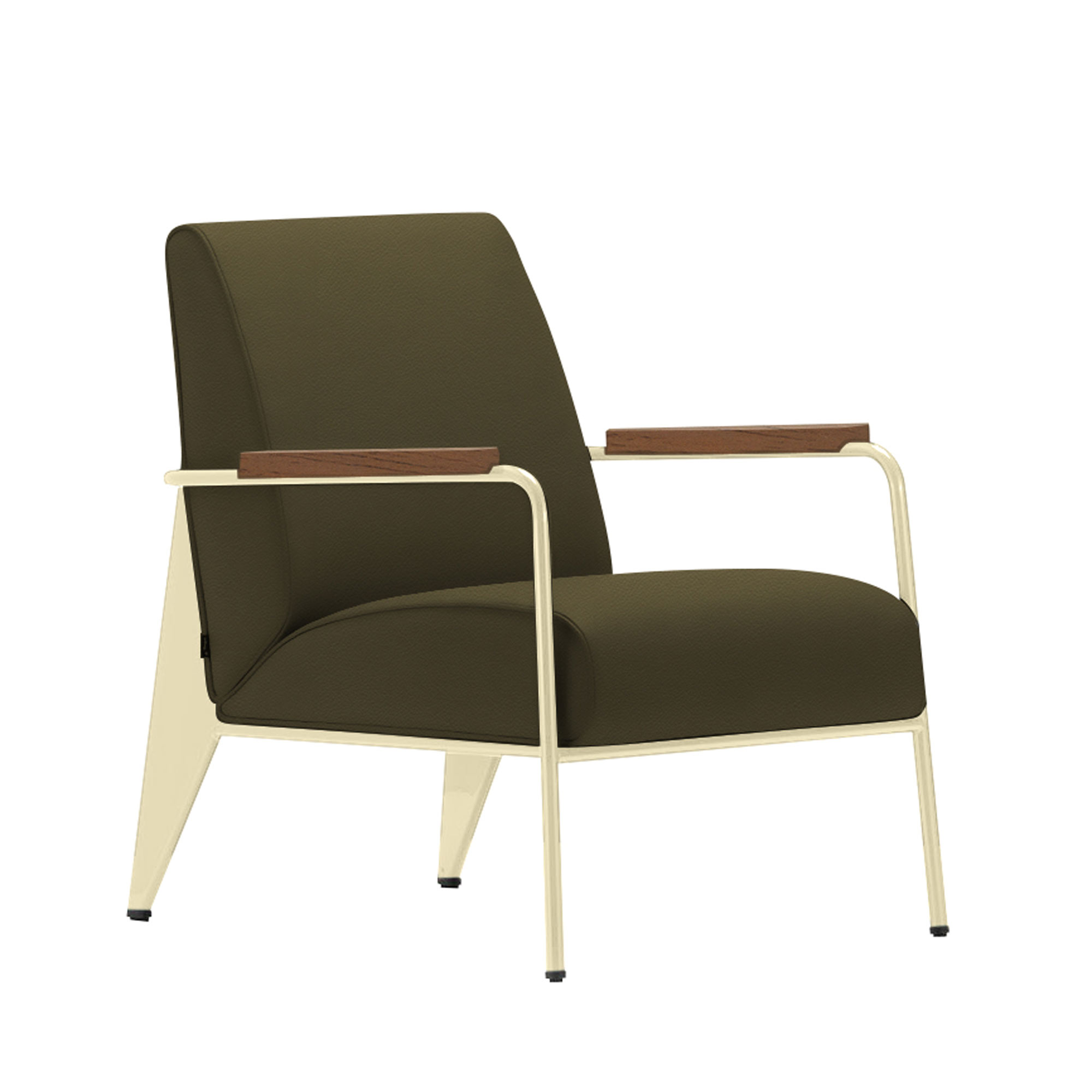 Vitra - Fauteuil de Salon, Walnut, Base Ecru, Leather Premium Cat. L40 Col. 58 Khaki - Fåtöljer - Jean Prouvé - Grön - Metall/Trä/Skum