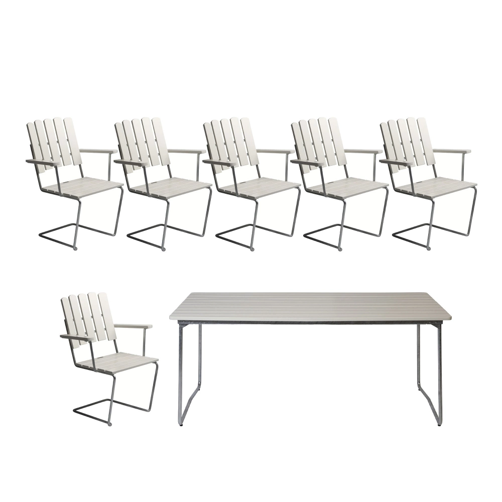 Grythyttan Stålmöbler - Klassikerserien - B31 Bord & 6 st A2 Fåtölj Vitlackad Ek - Matbord utomhus - Träfärgad