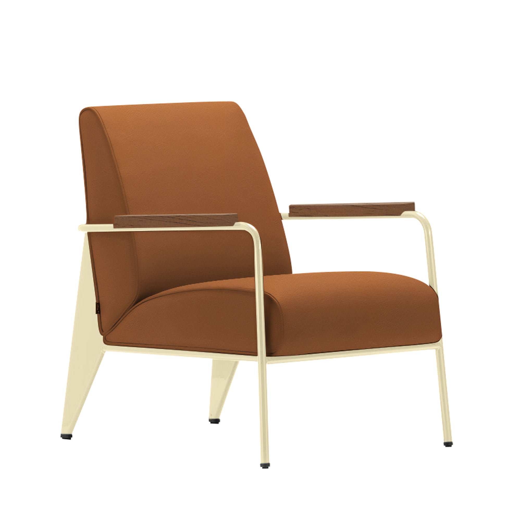Vitra - Fauteuil de Salon, Walnut, Base Ecru, Leather Premium Cat. L40 Col. 97 Cognac - Fåtöljer - Jean Prouvé - Brun - Metall/Trä/Skum