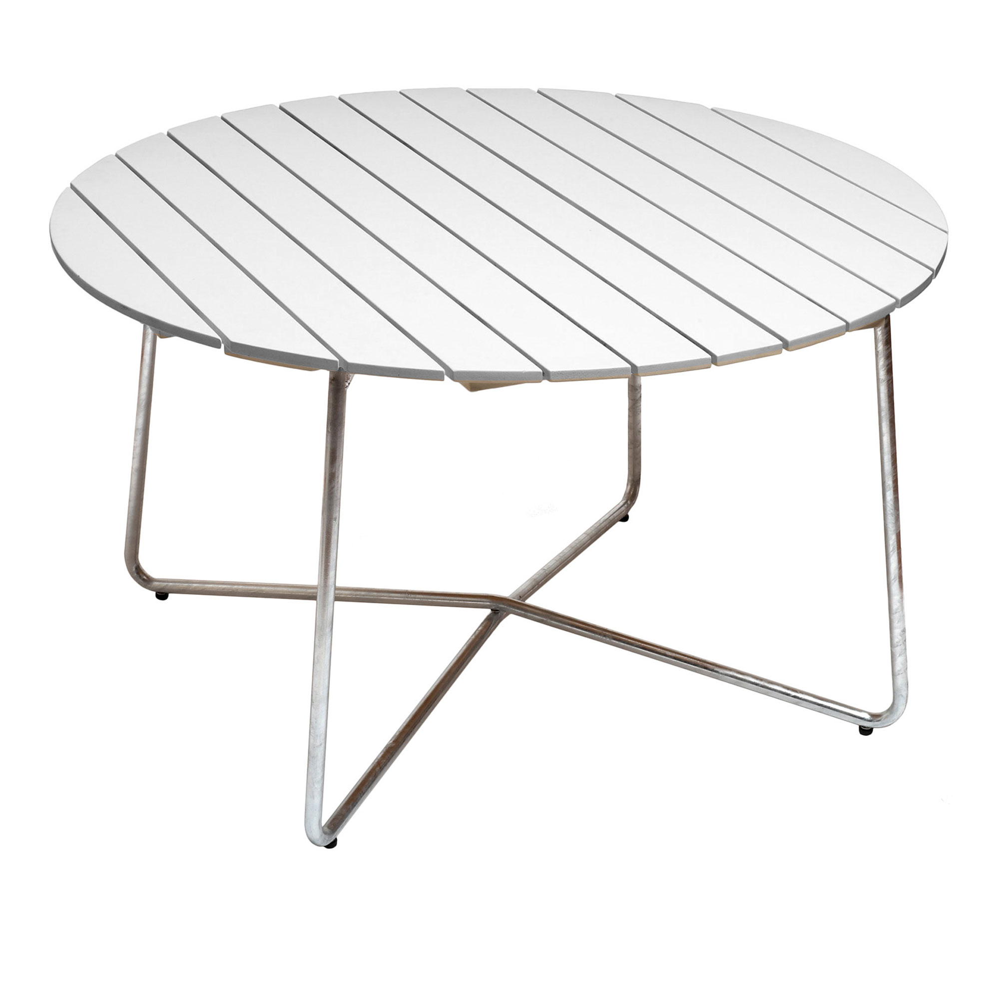 Grythyttan Stålmöbler - Bord 9A Ø120 cm Vitlackerad ek / Varmförzinkat stativ - Matbord utomhus - Vit - Metall/Trä | Utemöbler - Utebord - Matbord Utomhus | Möbelexperten