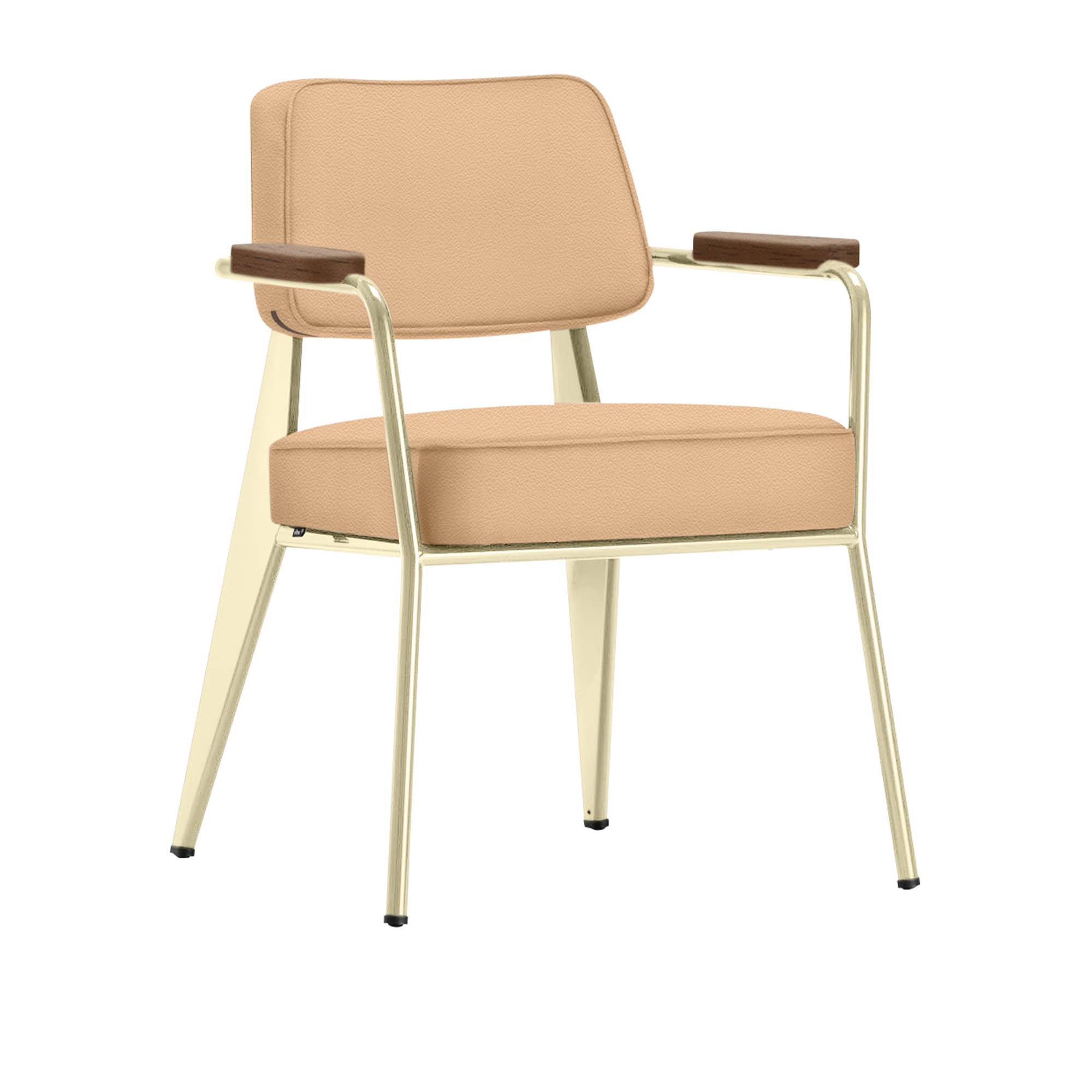 Vitra - Fauteuil Direction, Walnut, Base EcruLeather Premium Cat. L40 Col. 63 Cashew - Matstolar - Jean Prouvé - Beige - Läder/Metall/Trä/Skum