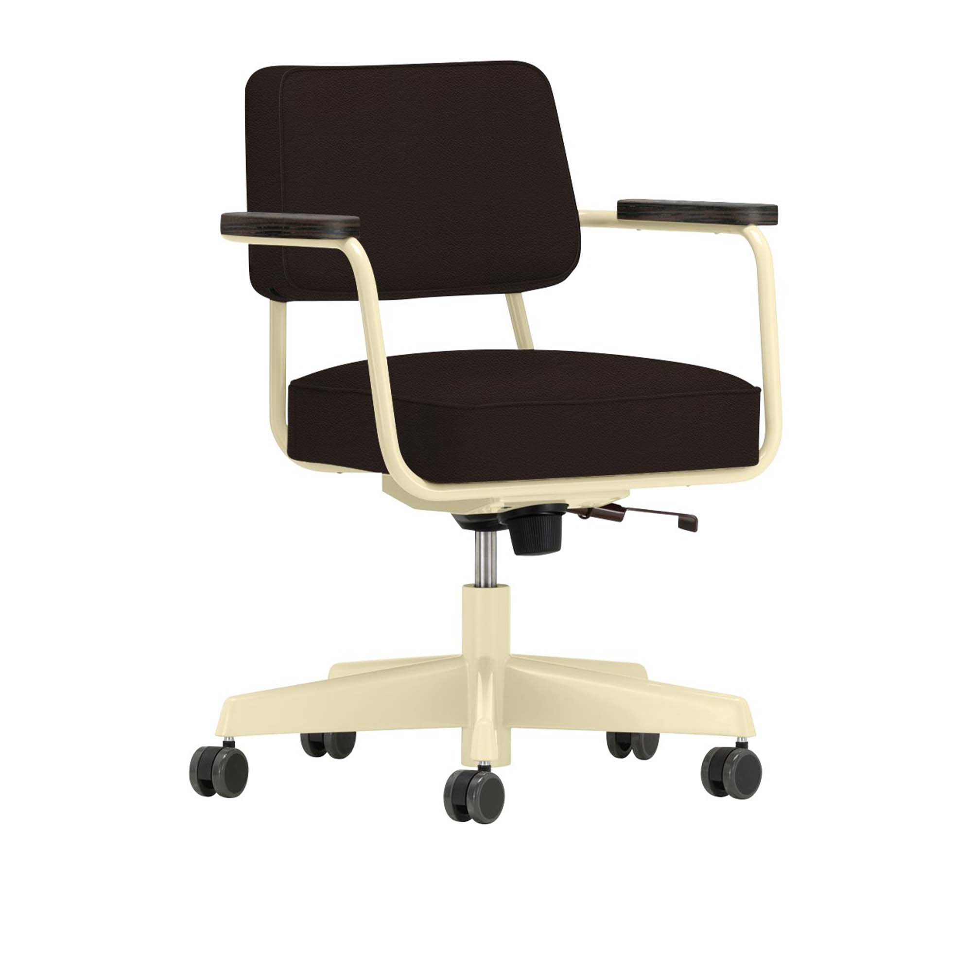 Vitra - Fauteuil Direction Pivotant, Base Ecru, Dark Oak, Leather Premium Cat. L40 Col. 68 Chocolate - Skrivbordsstolar - Jean Prouvé - Brun
