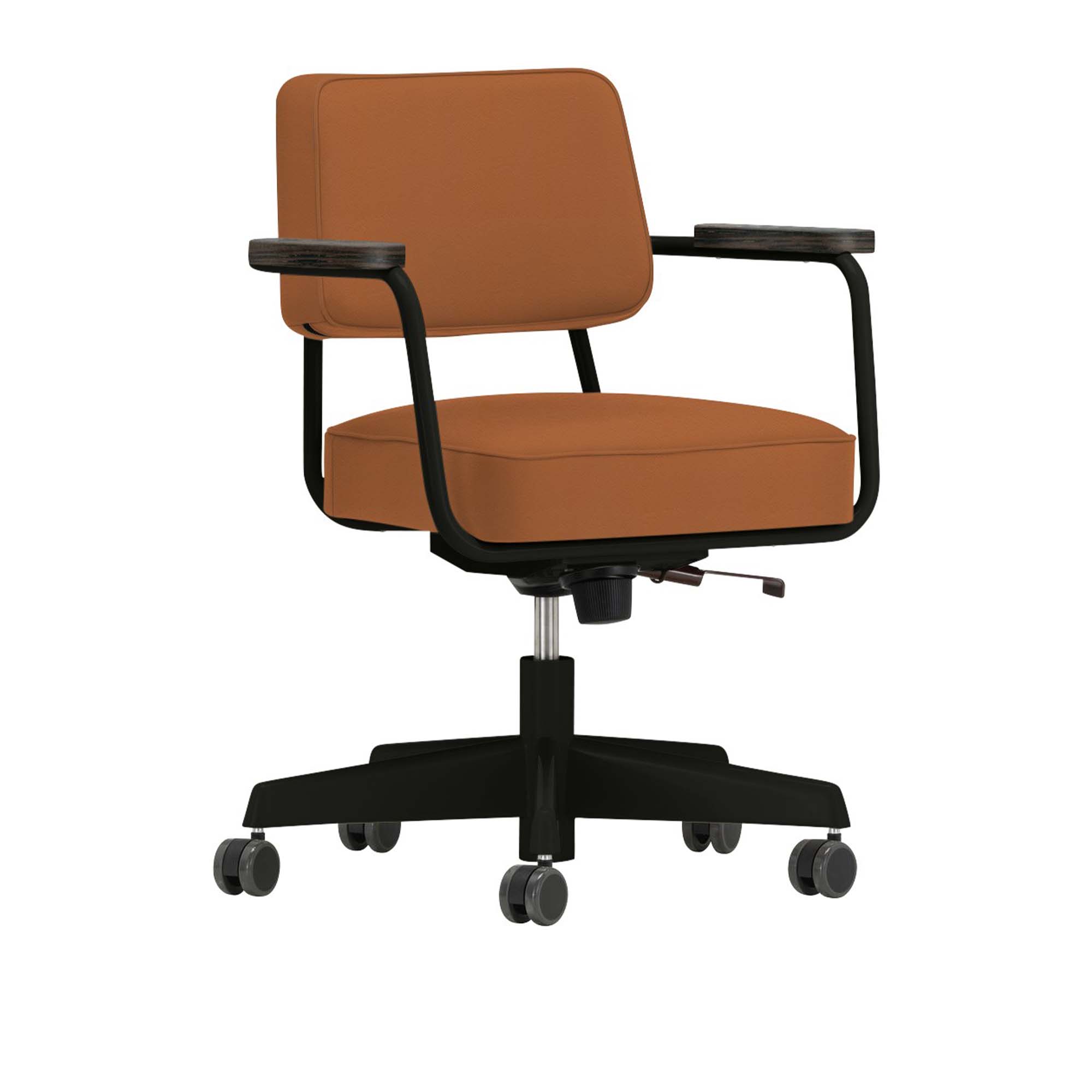 Vitra - Fauteuil Direction Pivotant, Base Deep Black, Dark Oak, Leather Premium Cat. L40 Col. 97 Cognac - Skrivbordsstolar - Jean Prouvé - Brun