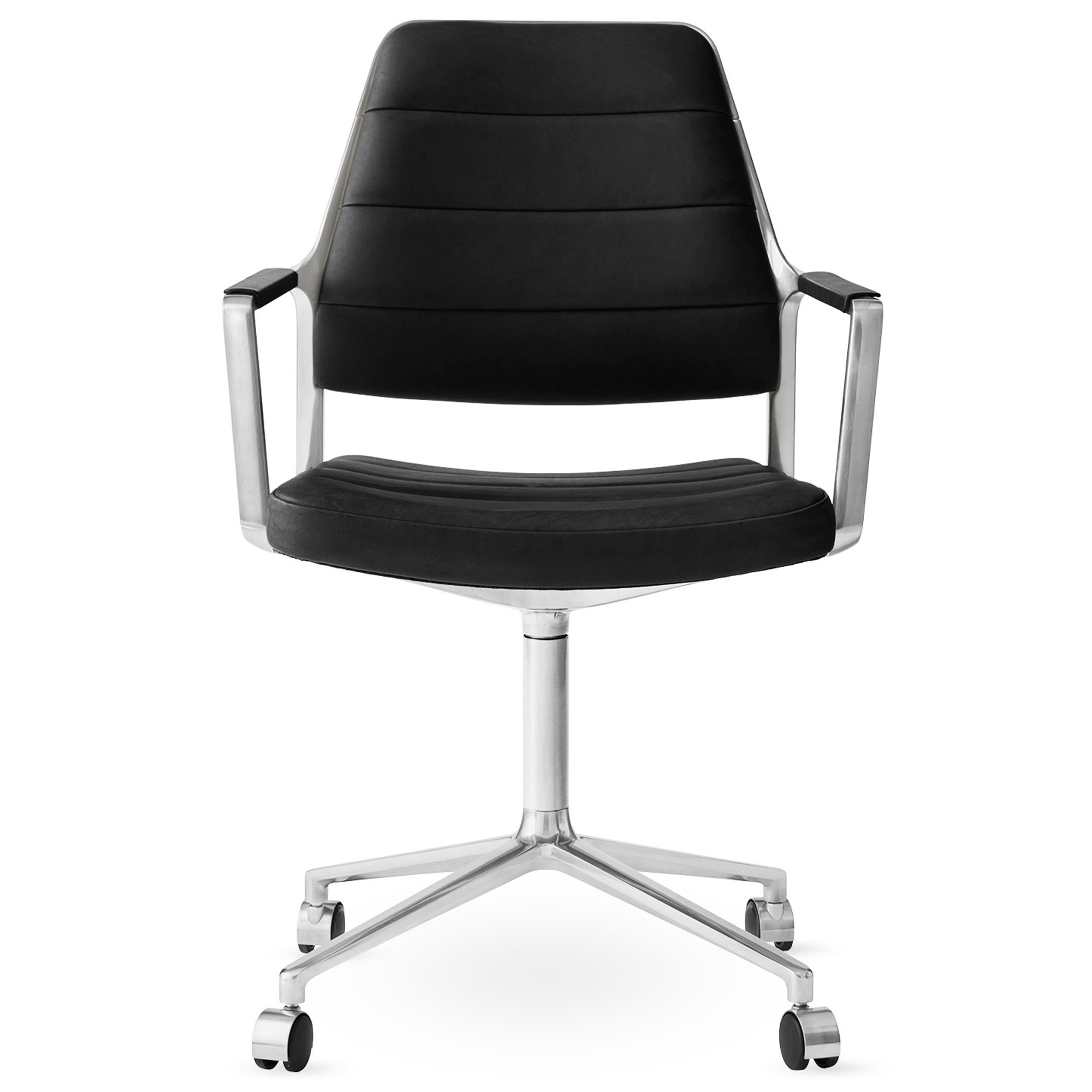 Vipp - Vipp455 Swivel chair, polished, castors, Black leather - Kontorsstolar