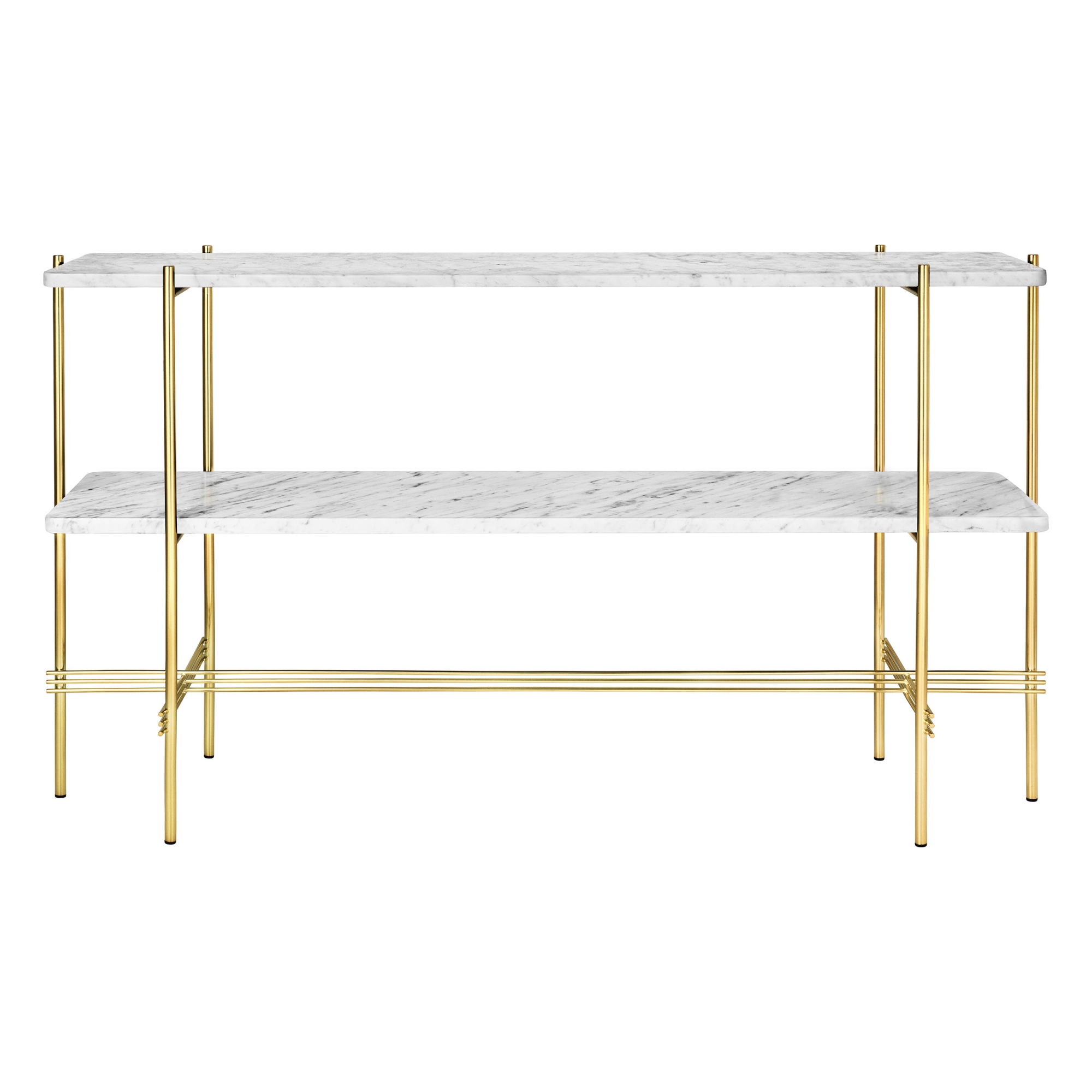 Gubi - TS Console - 2 hyllplan, Ben: Mässing, Skiva: Bianco Carrara - Konsolbord - GamFratesi - Vit - Metall/Sten