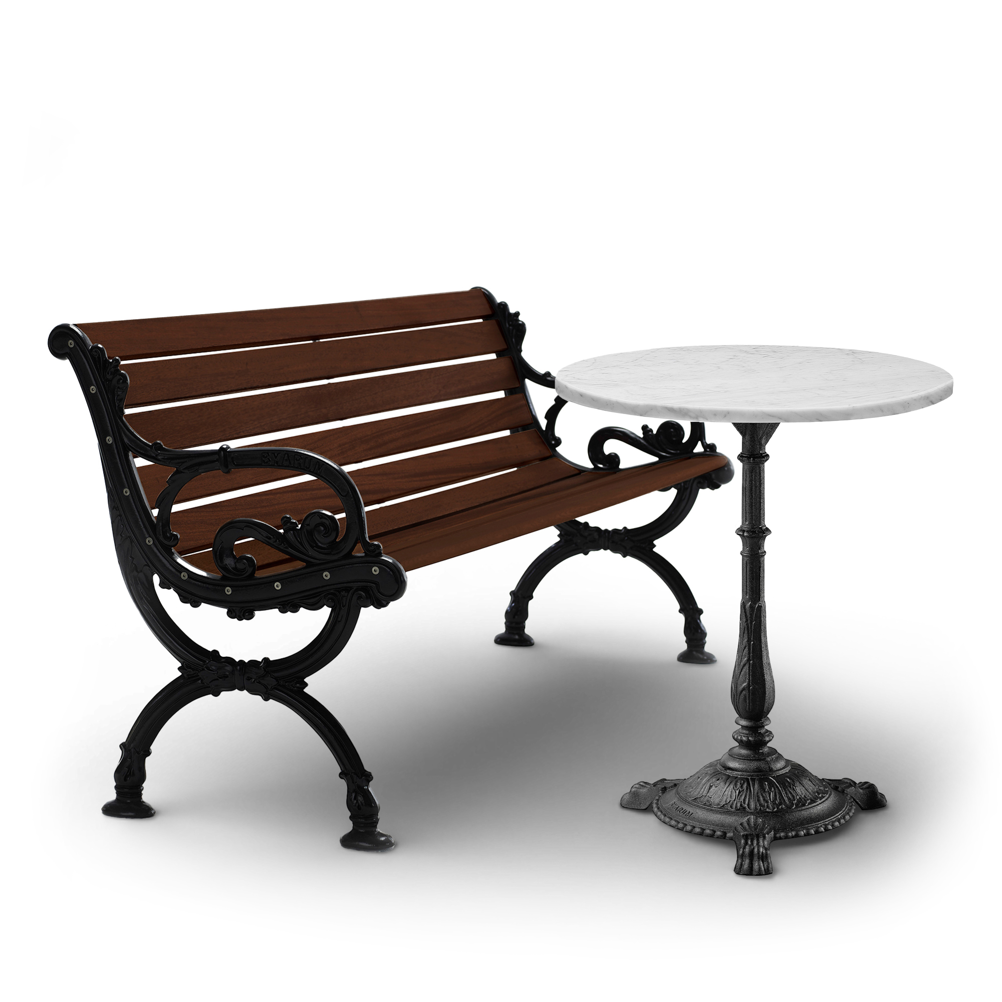 Byarums Bruk - Byarum soffa i brunlaserad furu & Classic cafébord Ø65 cm – Carrara marmor och svartlackerad aluminium - Loungegrupper utomhus - Metall/Trä | Utemöbler - Utegrupper - Loungegrupper Utomhus | Möbelexperten