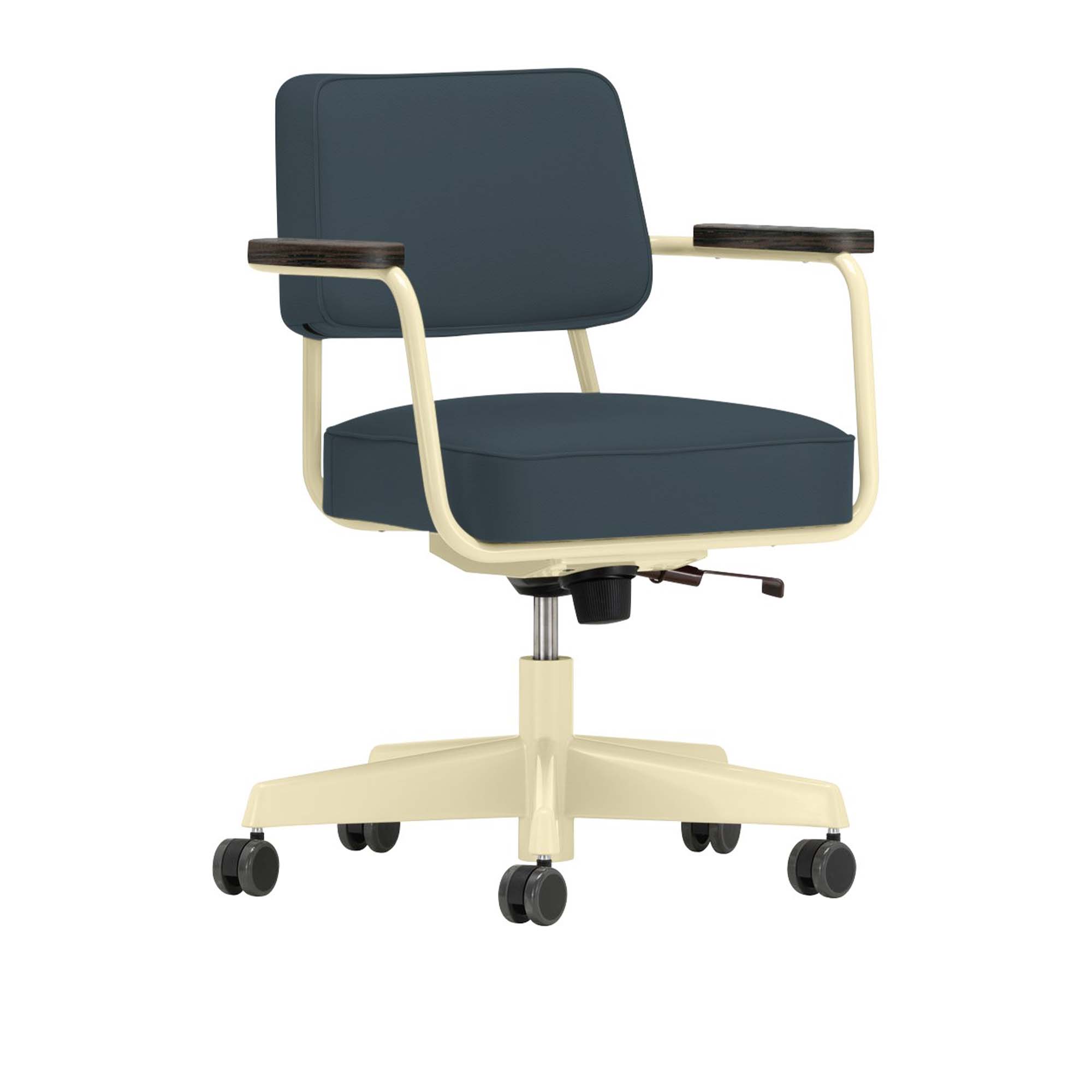 Vitra - Fauteuil Direction Pivotant, Base Ecru, Dark Oak, Leather Premium Cat. L40 Col. 60 Smoke Blue - Skrivbordsstolar - Jean Prouvé - Blå