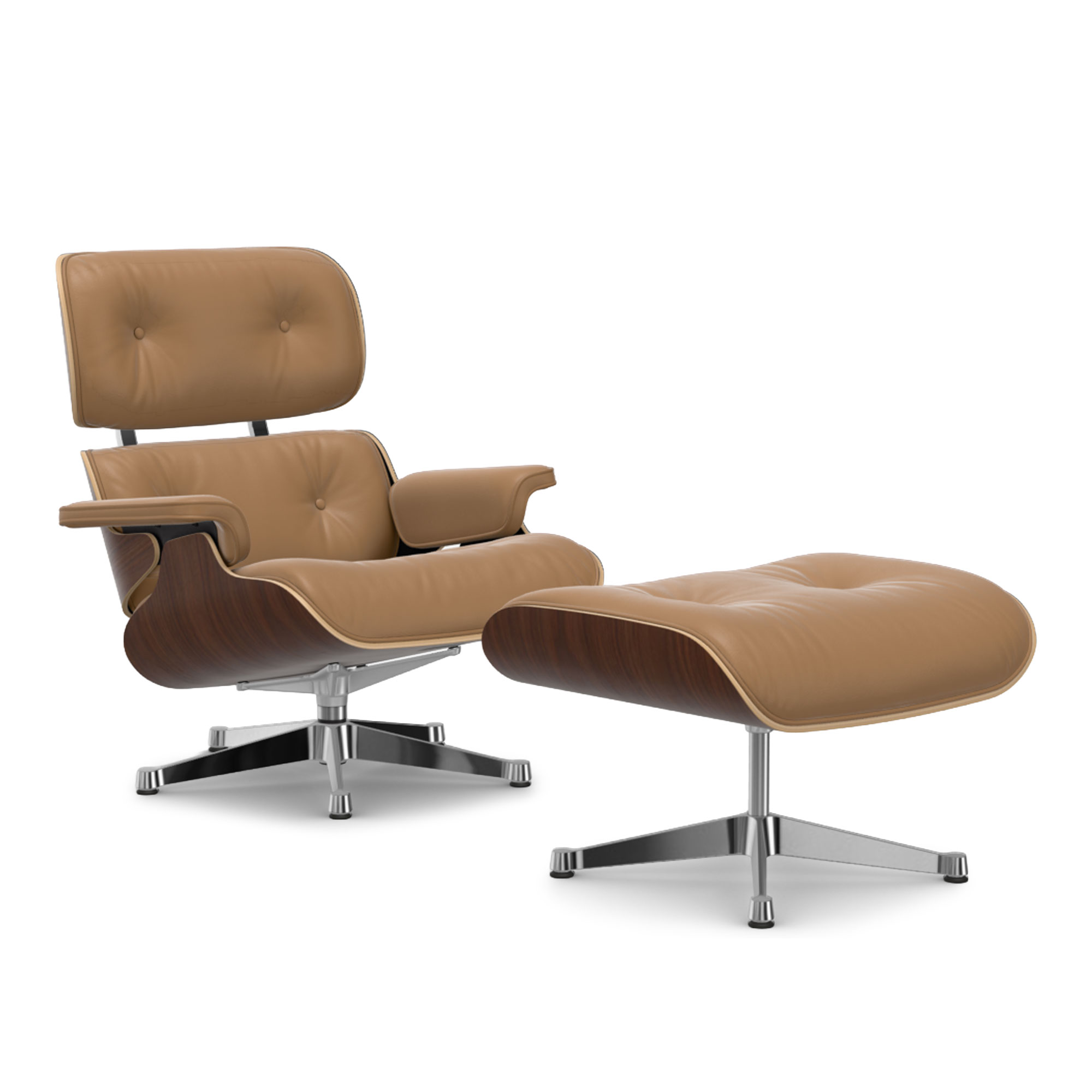 Vitra - Eames Lounge Set Dark Walnut Leather Natural Caramel 01 Polished Aluminium - Fåtöljer - Charles & Ray Eames - Brun | Möbler - Fåtöljer Och Puffar - Fåtöljer | Möbelexperten