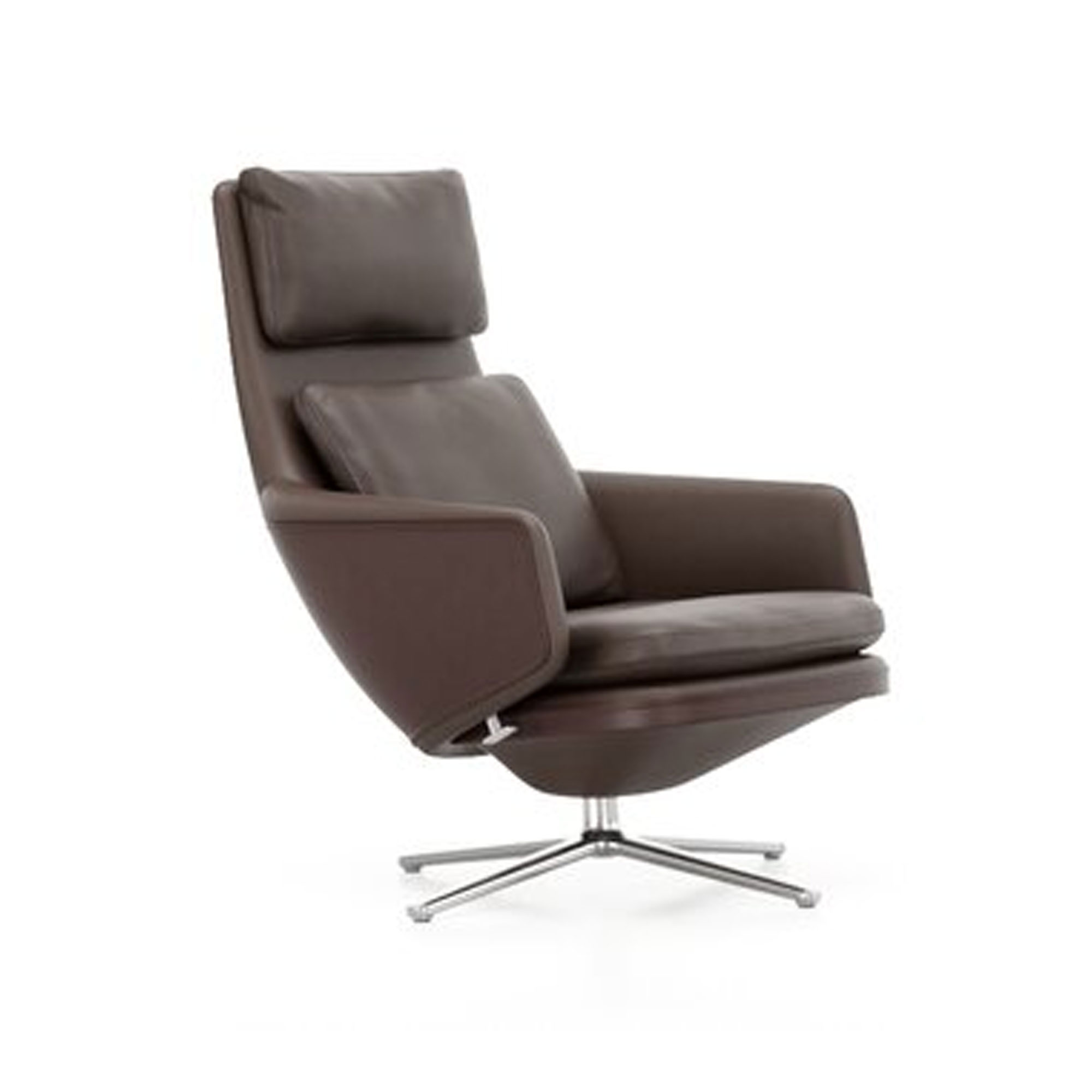 Vitra - Grand Relax Low, Aluminium Polished Base, Back/Seat Leather Premium Marron, Glides For Carpet - Snurrfåtöljer - Antonio Citterio - Brun - Dun/Läder/Metall/Skum