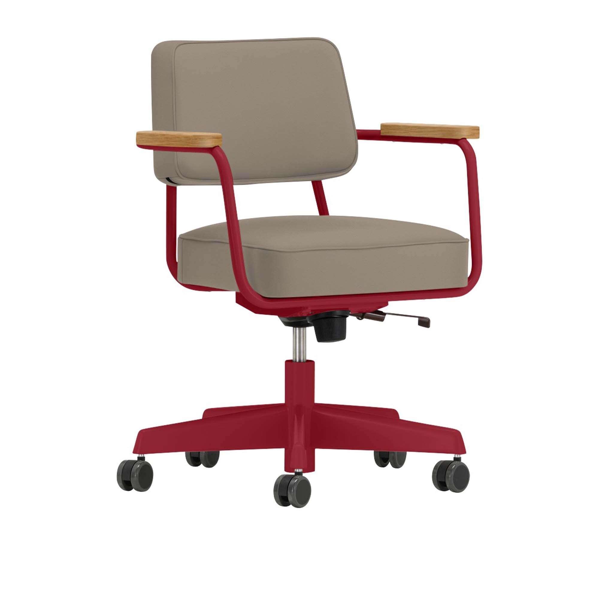 Vitra - Fauteuil Direction Pivotant, Natural Oak, Base Japanese Red, Leather Premium Cat. L40 Col. 71 Sand - Skrivbordsstolar - Jean Prouvé - Beige