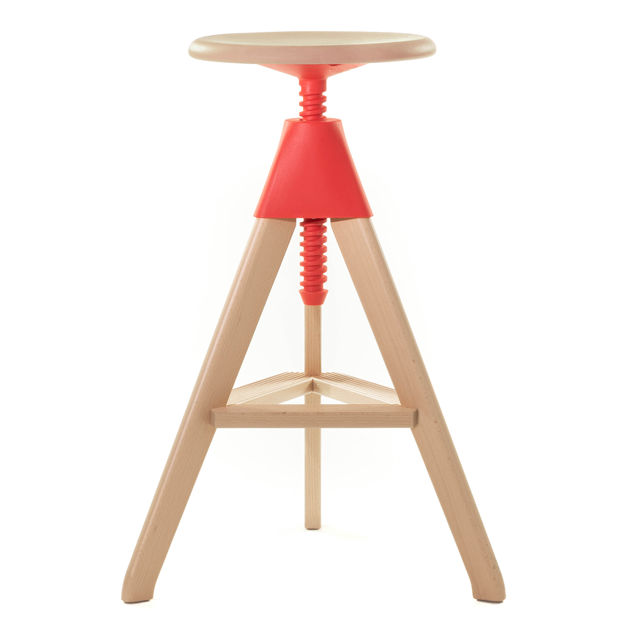 magis - tom - the wild bunch stool h70/86 natural base/red seat - barstolar - konstantin grcic - röd - trä/syntetiskt/plast
