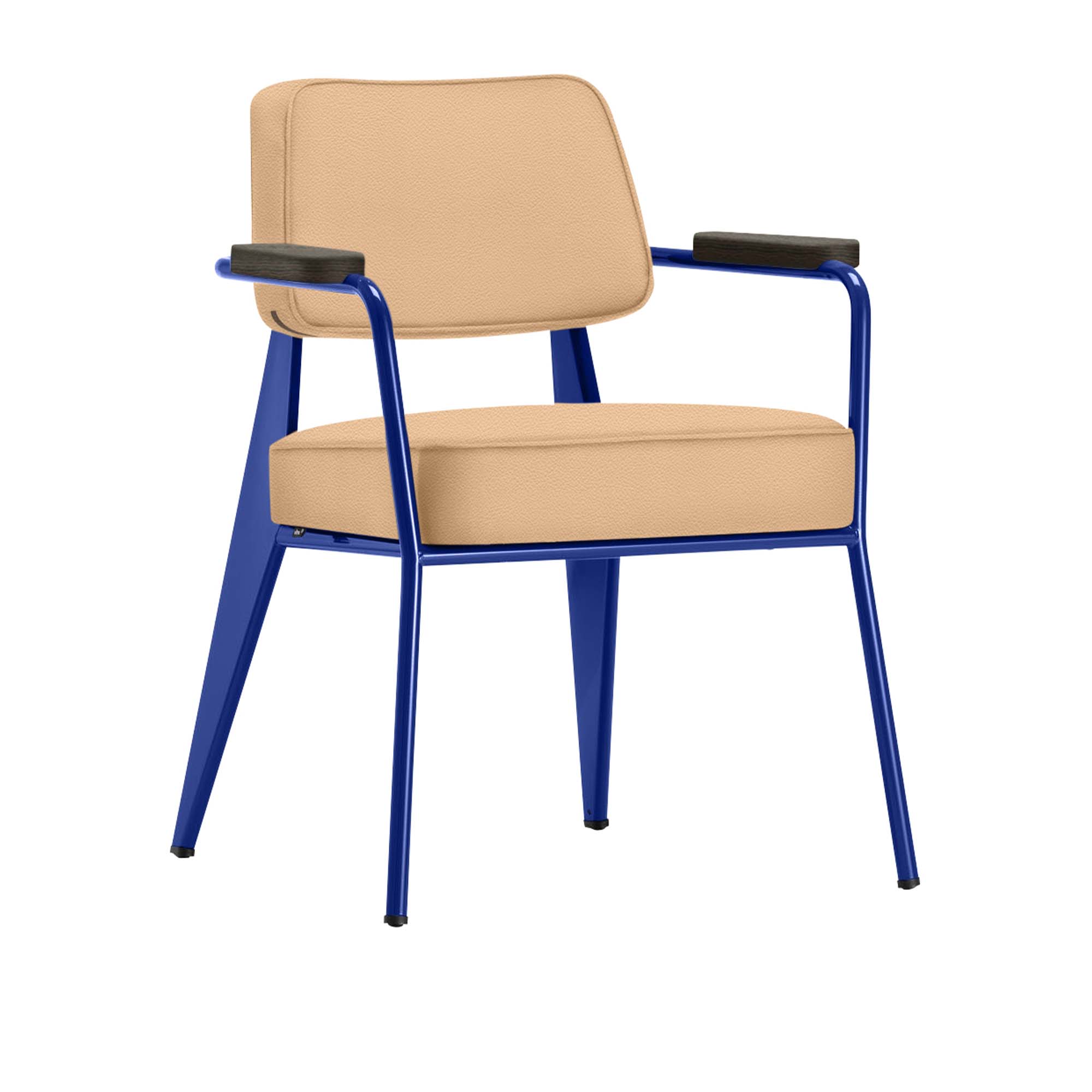 Vitra - Fauteuil Direction, Dark Oak, Prouvé Bleu MarcouleLeather Premium Cat. L40 Col. 63 Cashew - Matstolar - Jean Prouvé - Beige - Läder/Metall/Trä/Skum