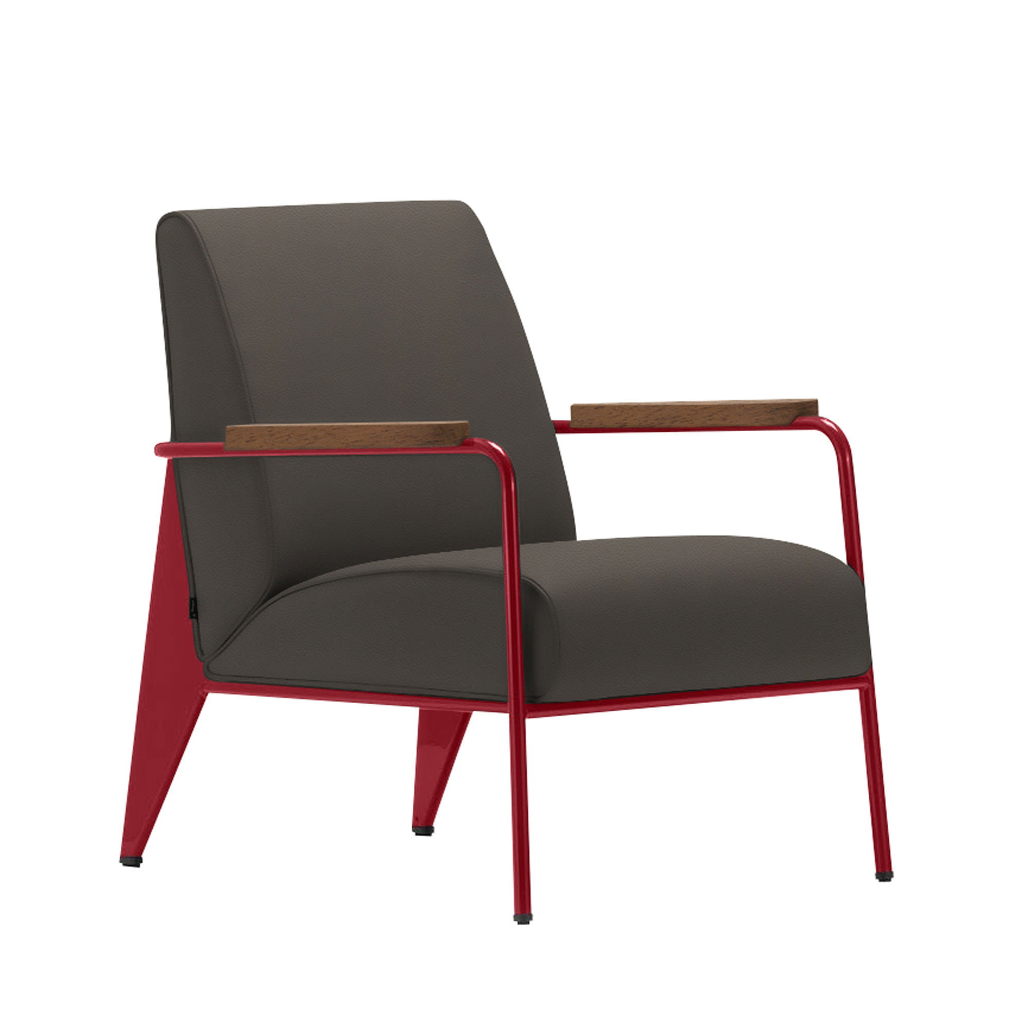 Vitra - Fauteuil de Salon, Walnut, Base Japanese Red, Leather Premium Cat. L40 Col. 61 Umbra Grey - Fåtöljer - Jean Prouvé - Grå - Metall/Trä/Skum