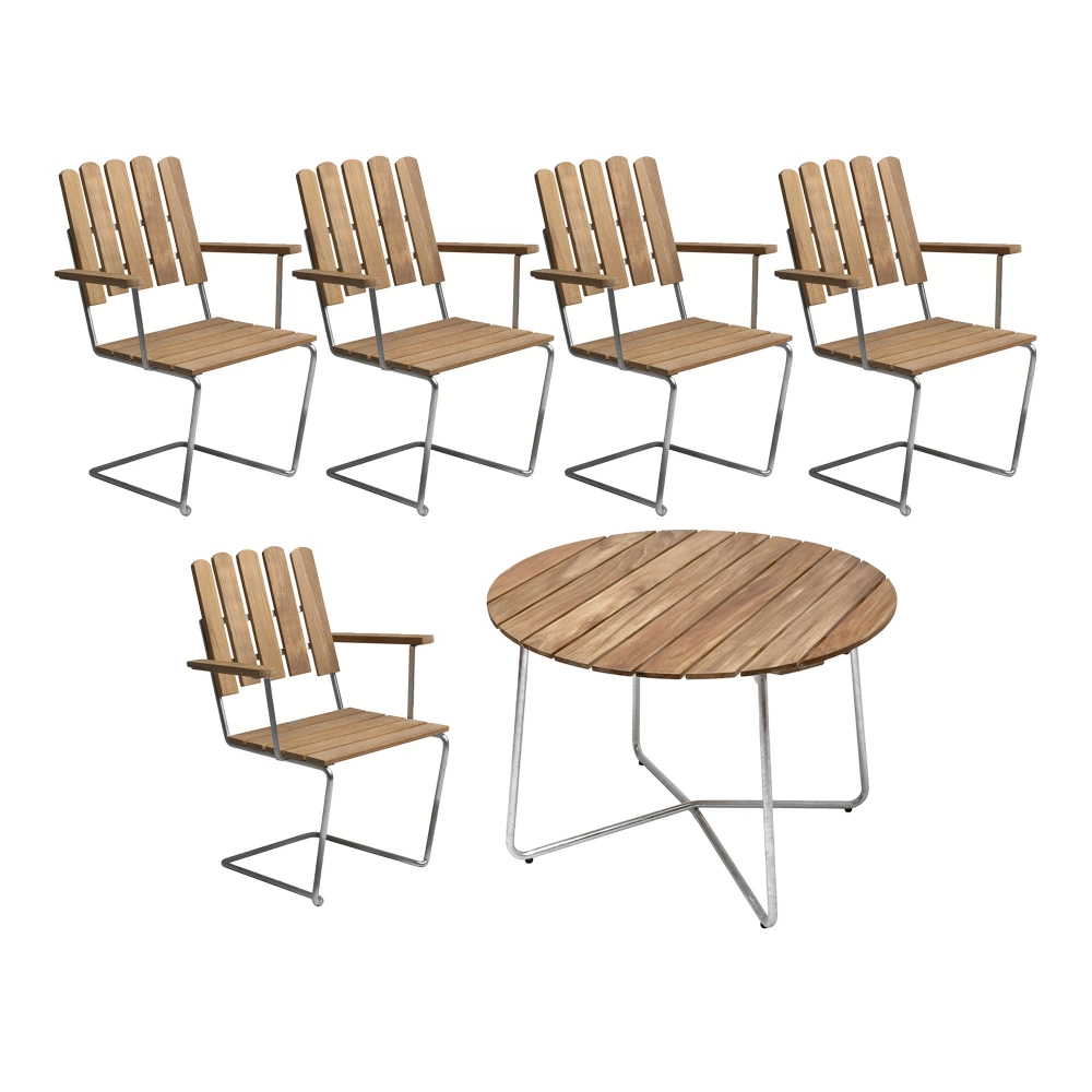 Grythyttan Stålmöbler - Klassikerserien - 9A Bord & 5 st A2 Fåtöljer Teak