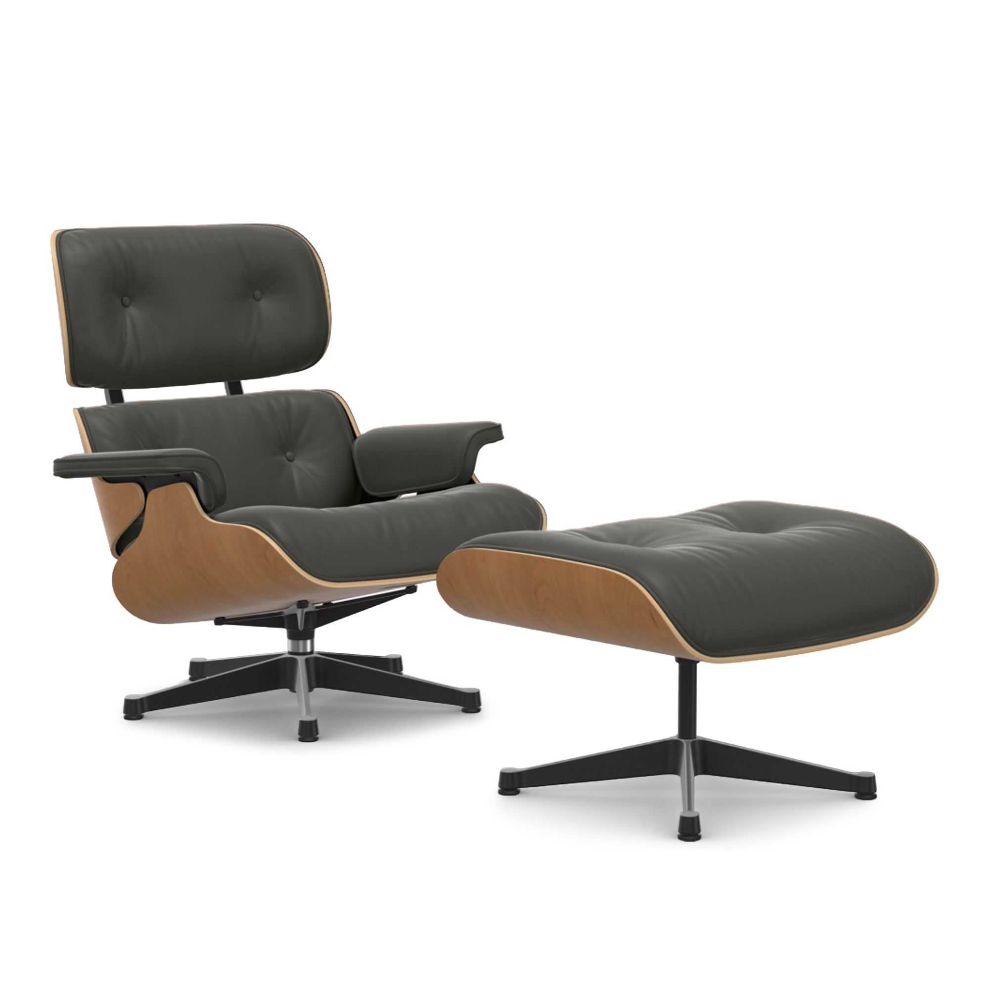 Vitra - Eames Lounge Set Cherry Leather Premium Umber Grey 61 Polished Aluminium/Deep Black - Fåtöljer - Charles & Ray Eames - Grå | Möbler - Fåtöljer Och Puffar - Fåtöljer | Möbelexperten