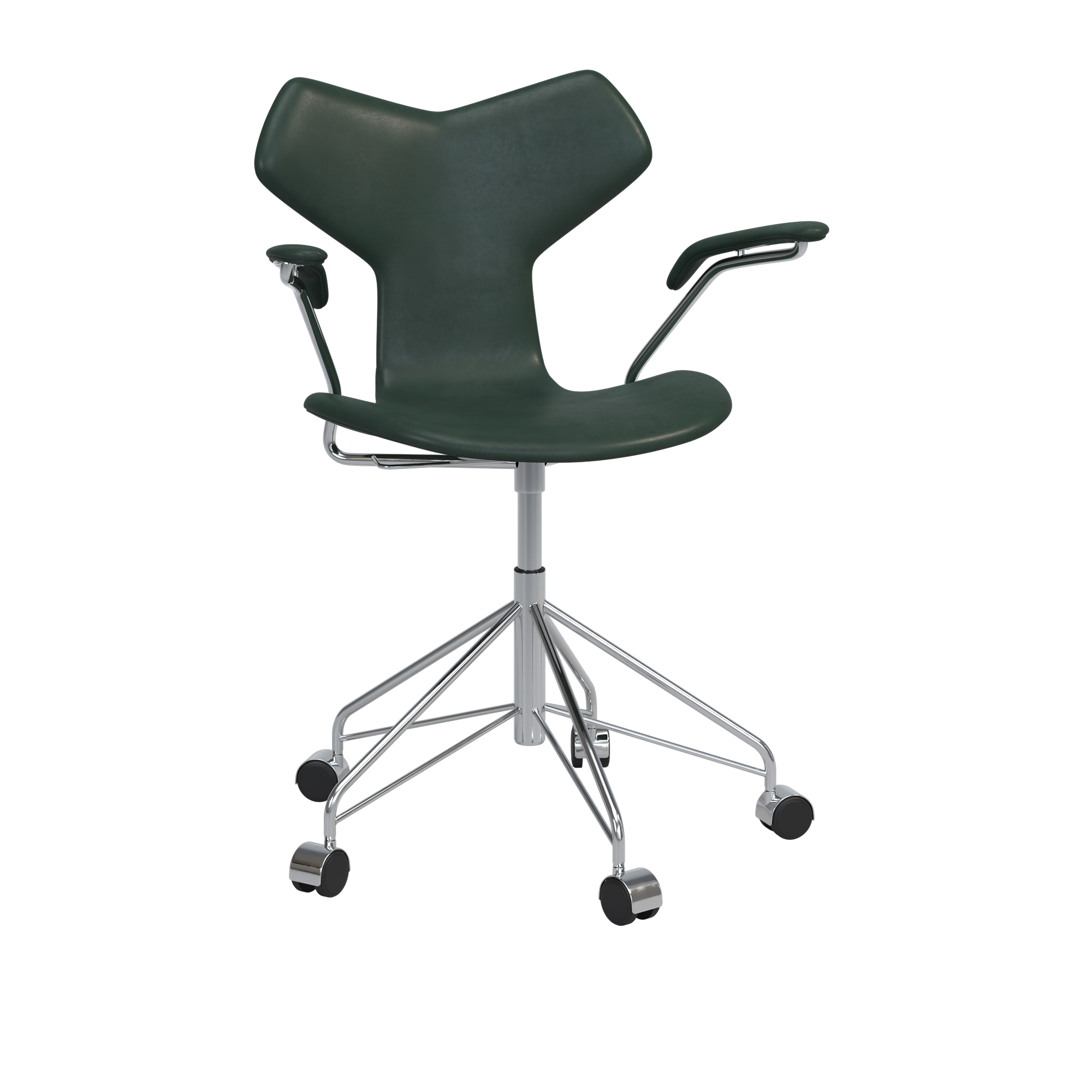 Fritz Hansen - 3231FU Grand Prix - Fully Upholstered Swivel Chair W/Armrests, Pure Forest Green Leather, Chrome Base - designer_arne_jacobsen - Grön