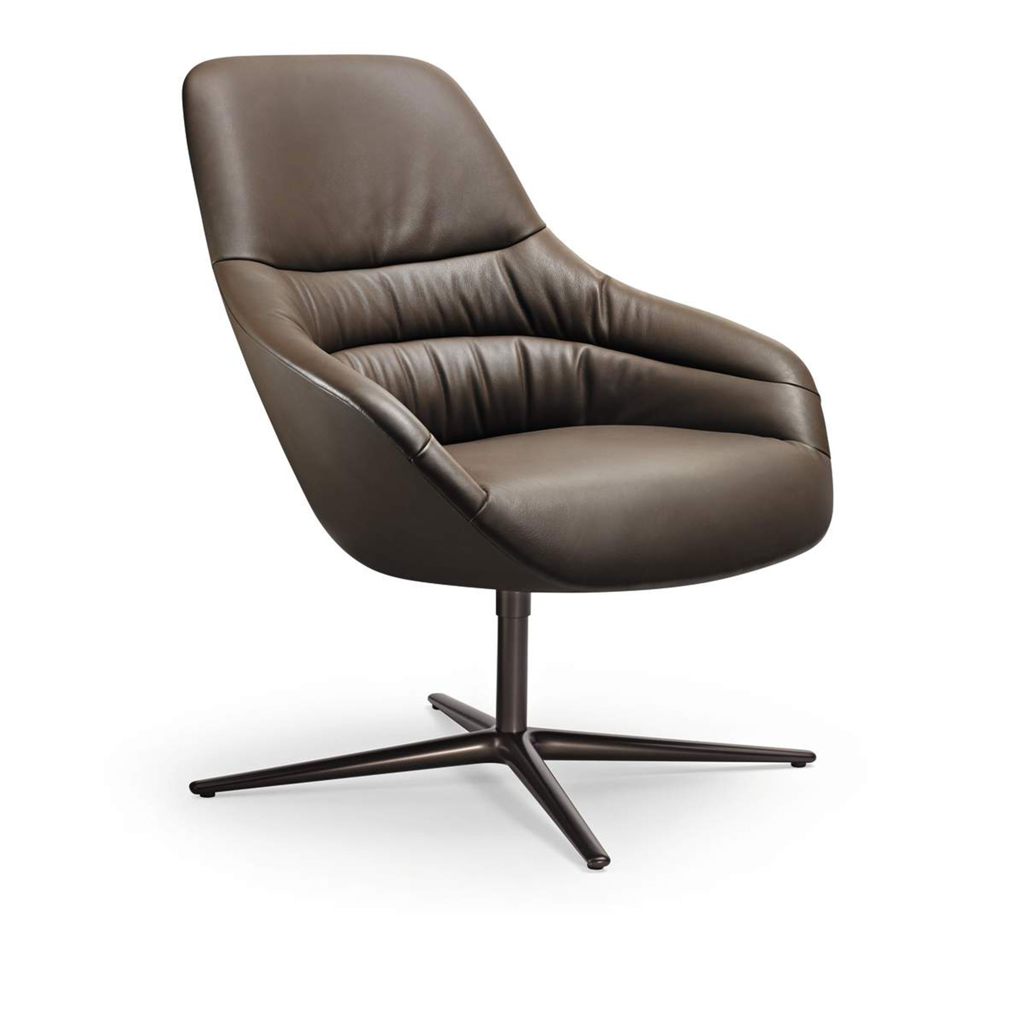 Walter Knoll - Kyo Lounge Chair 171-10, Polished, Upholstered, Leather Cat. 50 Rodeo-Soft 1365 Deep Chocolate / 1416 Quartz, 4-star Base, Teflon Glides - Snurrfåtöljer - Pearson Lloyd - Brun - Läder/Metall/Syntetiskt