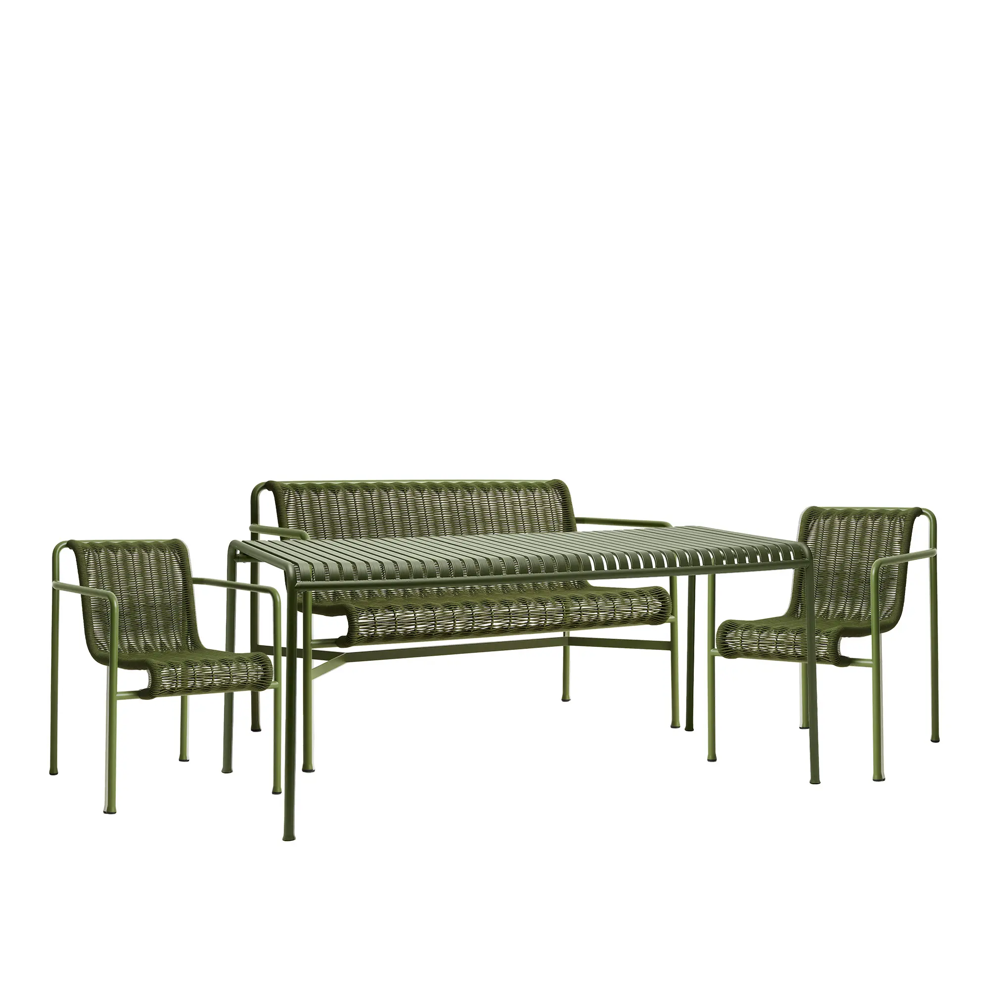 Palissade cord spisegruppe med matbord, 2 karmstoler & 1 hagebenk med armlener
