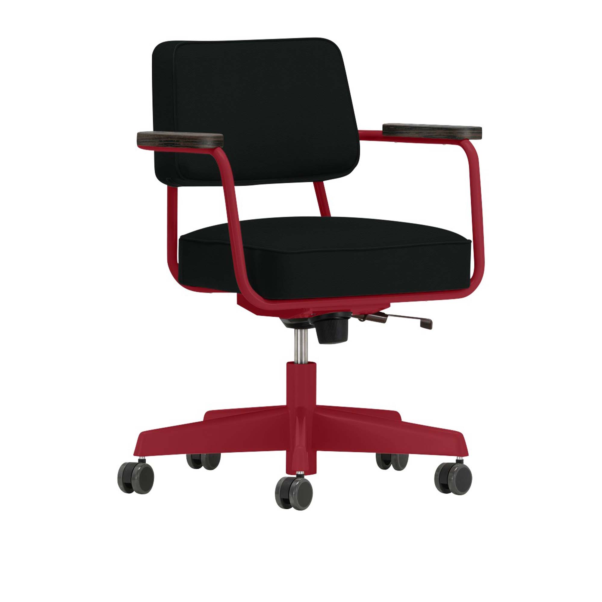 Vitra - Fauteuil Direction Pivotant, Base Japanese Red, Dark Oak, Leather Premium Cat. L40 Col. 66 Nero - Skrivbordsstolar - Jean Prouvé - Svart