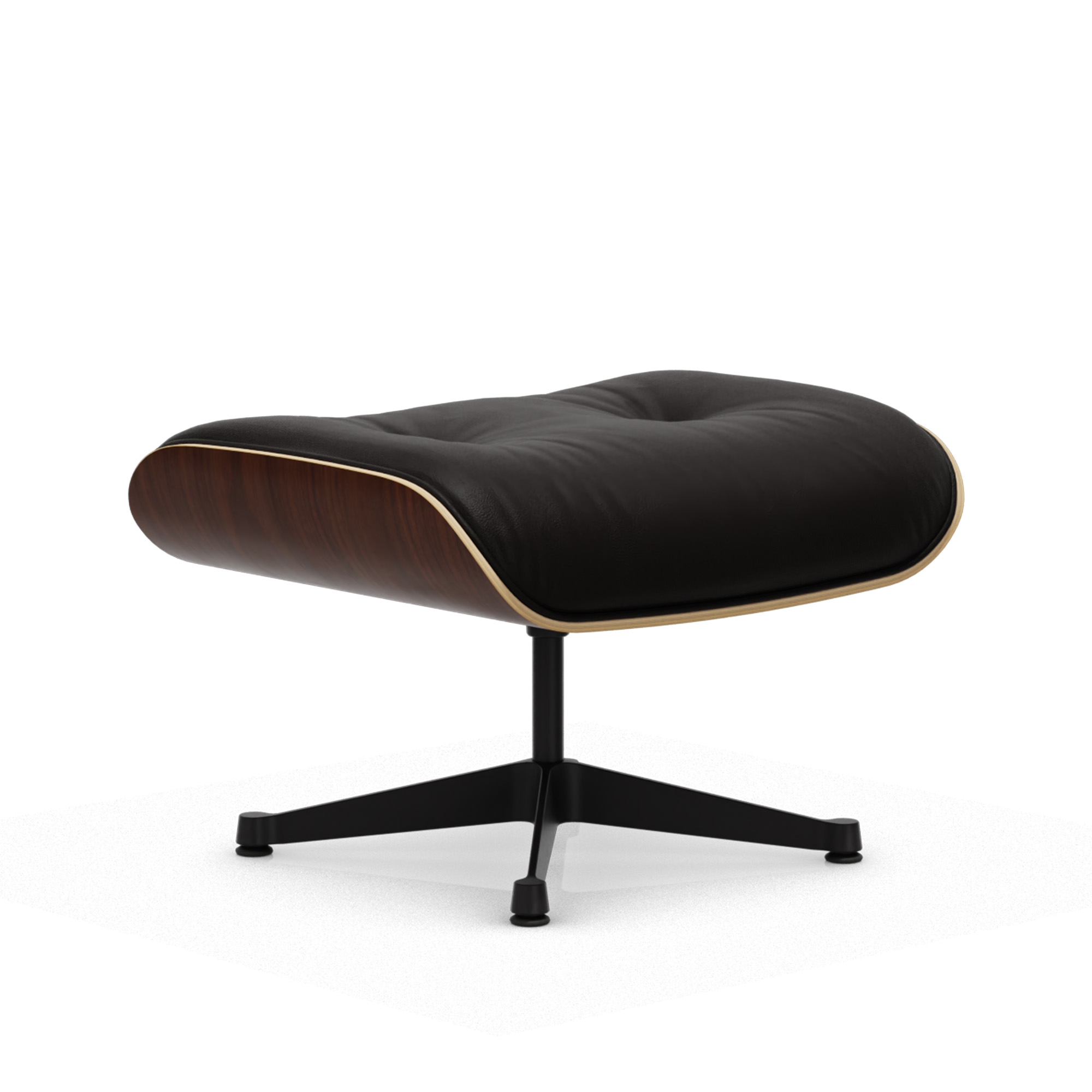 vitra - eames lounge ottoman dark walnut leather premium nero 66 deep black - fotpallar - charles & ray eames - läder/metall/trä
