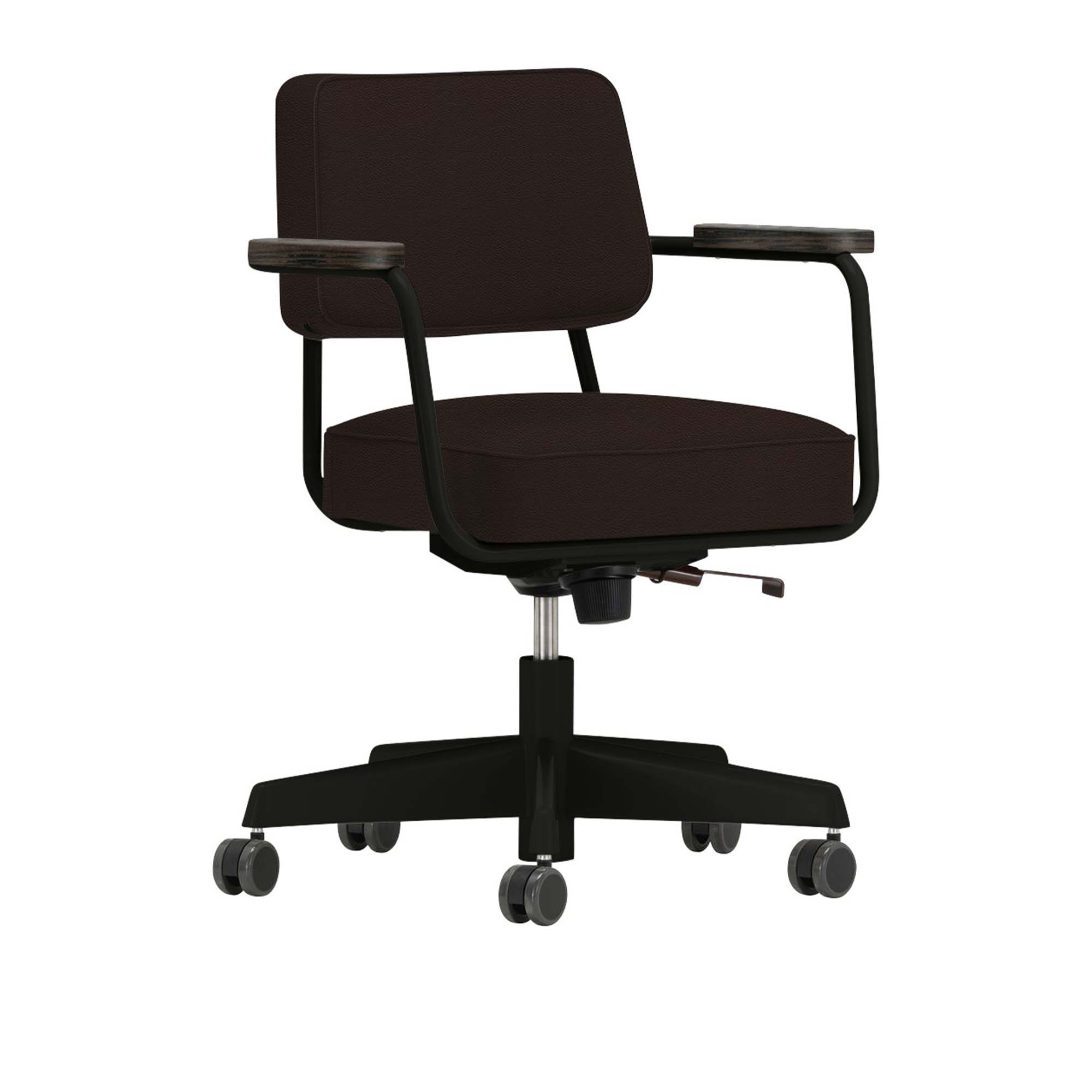 Vitra - Fauteuil Direction Pivotant, Base Deep Black, Dark Oak, Leather Premium Cat. L40 Col. 68 Chocolate - Skrivbordsstolar - Jean Prouvé - Brun