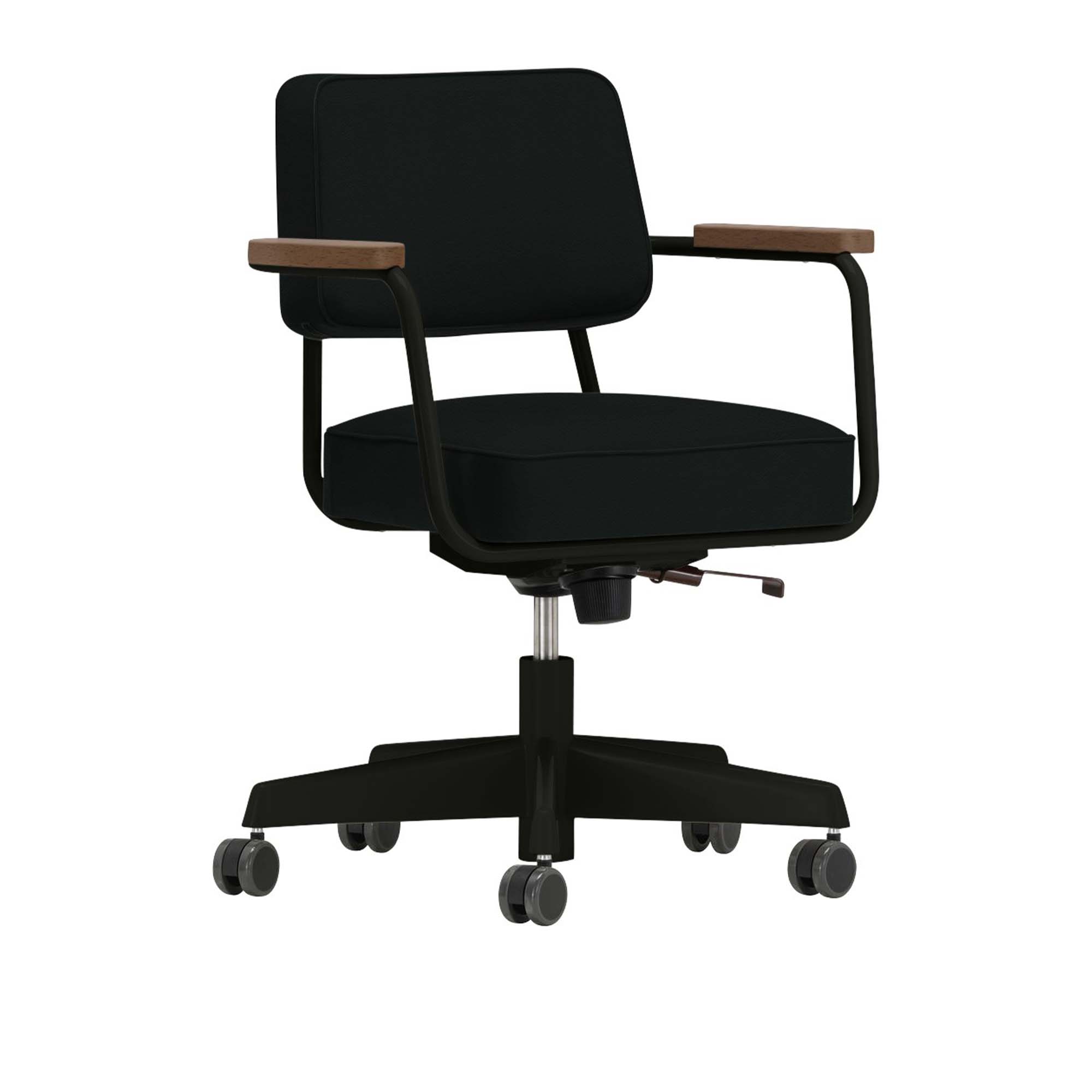 Vitra - Fauteuil Direction Pivotant, Walnut, Base Deep Black, Leather Premium Cat. L40 Col. 66 Nero - Skrivbordsstolar - Jean Prouvé - Svart