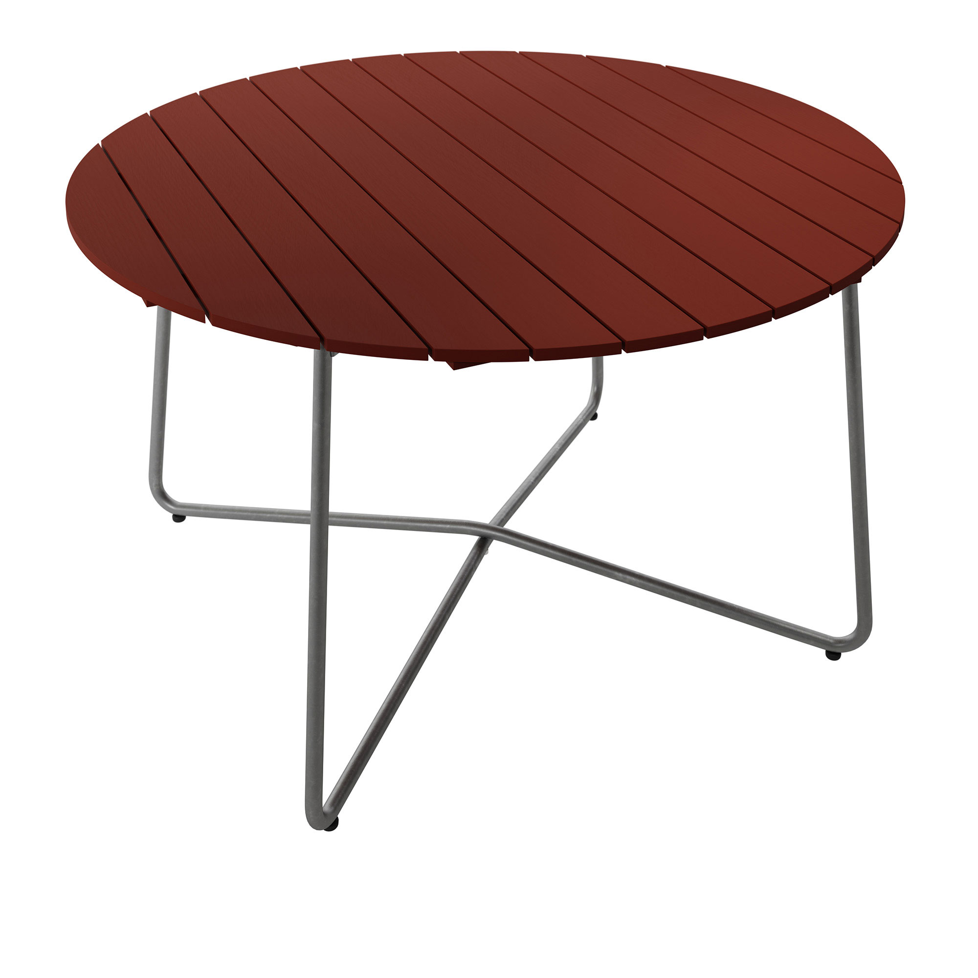 Grythyttan Stålmöbler - Bord 9A Ø120 cm Mörkröd ek / Varmförzinkat stativ - Matbord utomhus - Träfärgad - Metall/Trä | Utemöbler - Utebord - Matbord Utomhus | Möbelexperten