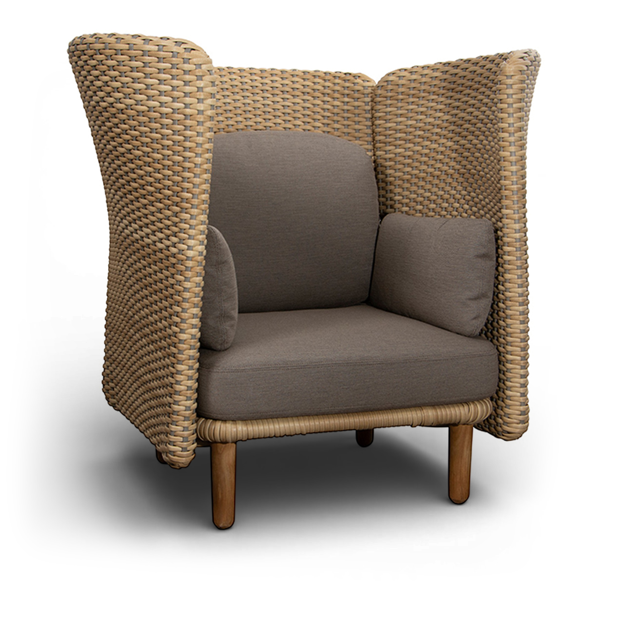 Cane-Line - Arch lounge chair with high arm-backrest – Natural Taupe Cane-line Flat Weave - Fåtöljer utomhus - Foersom & Hiort-Lorenzen - Beige,Grå - Trä/Textilmaterial/Skum | Utemöbler - Loungemöbler - Fåtöljer Utomhus | Möbelexperten