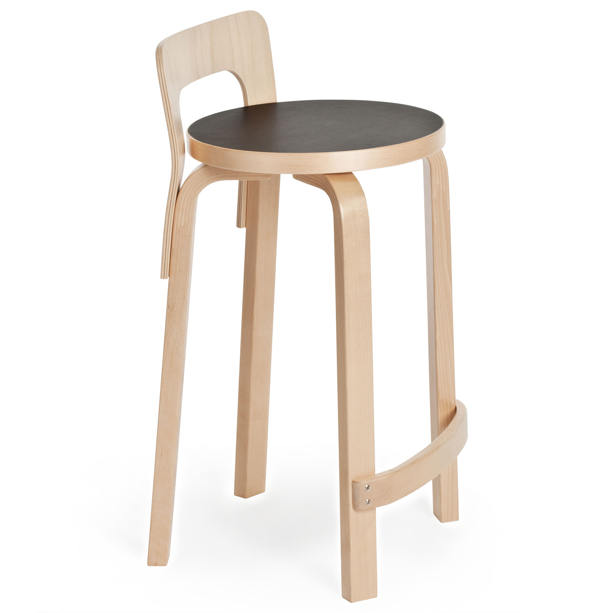 Artek - High Chair K65, Klarlackade ben och ryggst&ouml;d, Svart linoleum sits - Barstolar - Alvar Aalto - Tr&auml;f&auml;rgad - Tr&auml;/Plast