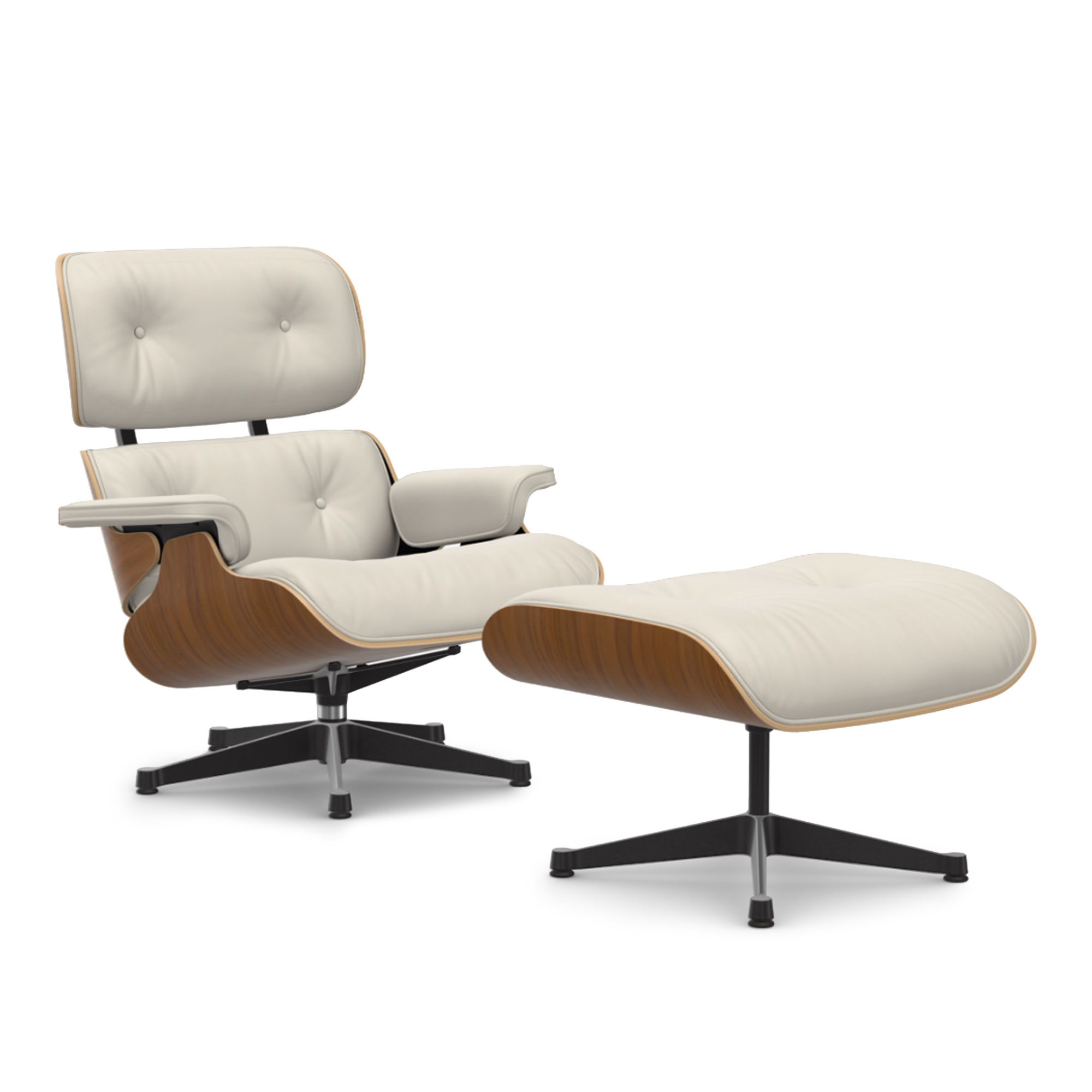 Vitra - Eames Lounge Set Natural Walnut Leather Premium Snow 72 Polished Aluminium/Deep Black - Fåtöljer - Charles & Ray Eames - Vit | Möbler - Fåtöljer Och Puffar - Fåtöljer | Möbelexperten