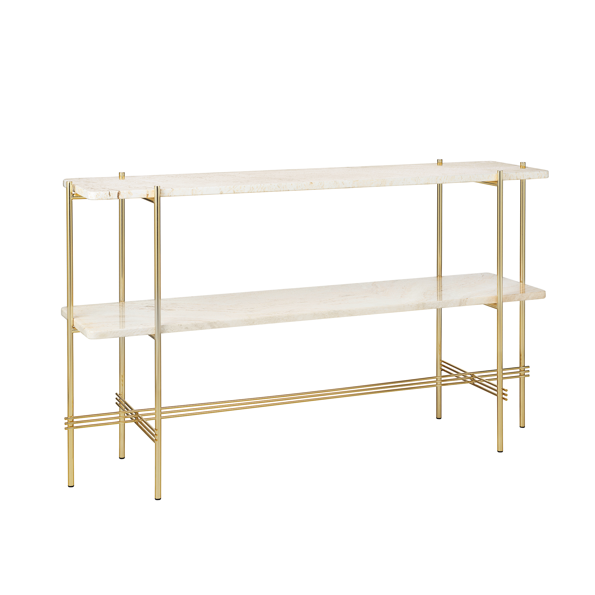 Gubi - TS Travertine 2-Rack Console, Base Brass, Top White Travertine - Konsolbord - GamFratesi - Vit - Metall/Sten
