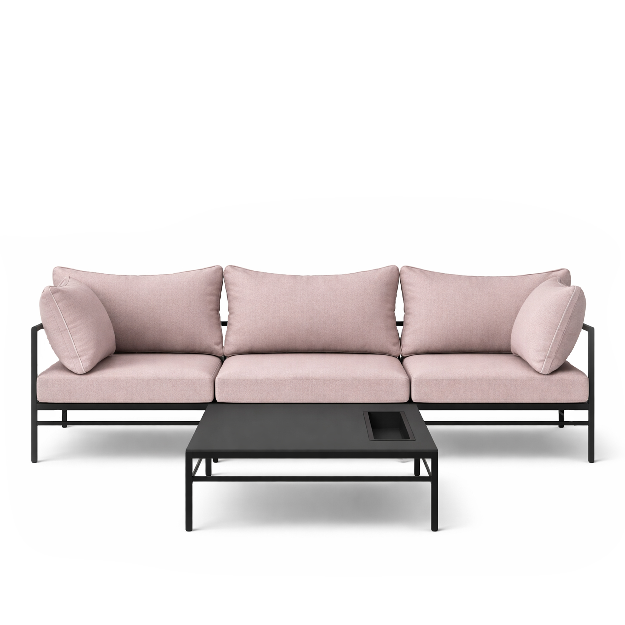 Fermob - Rivage 3-sitssoffa utomhus & Rivage soffbord utomhus – Liquorice/Papyrus - Loungegrupper utomhus - Metall/Textilmaterial/Skum | Utemöbler - Utegrupper - Loungegrupper Utomhus | Möbelexperten