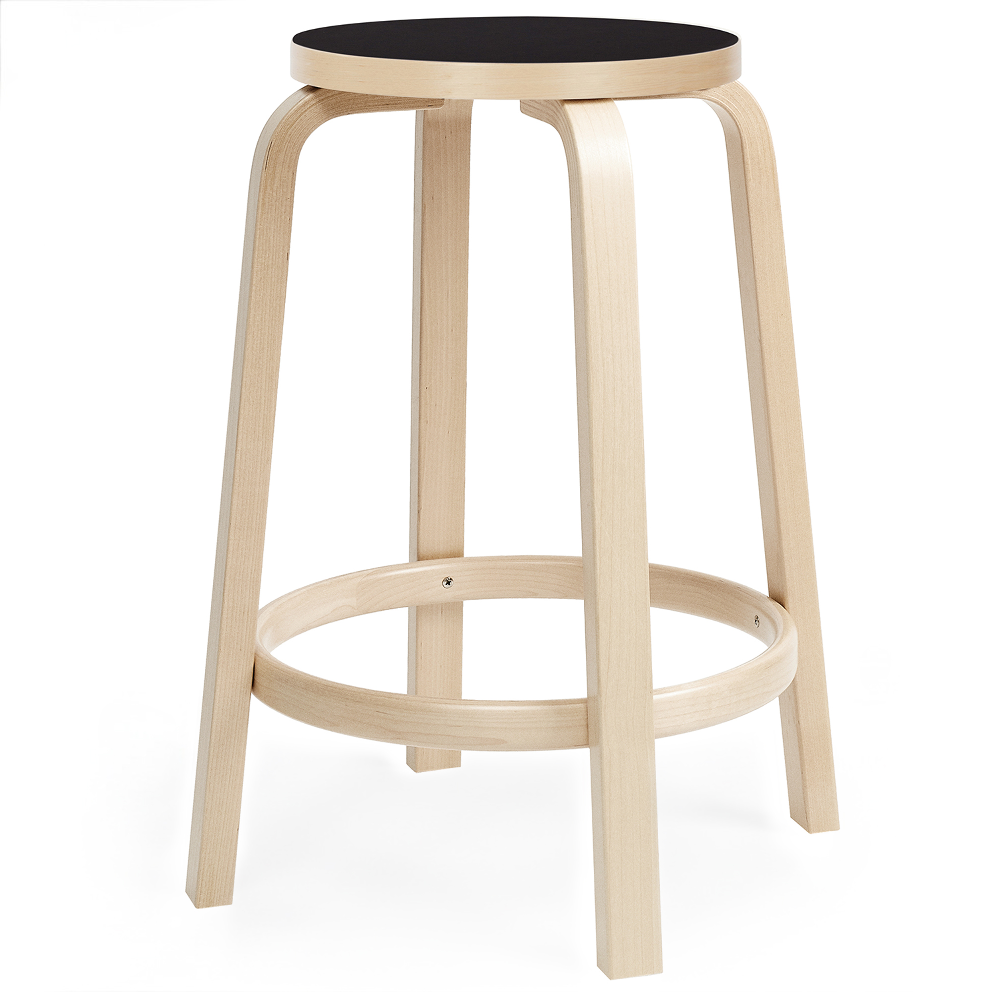Artek - Barstol 64, 65 cm, Klarlackad bj&ouml;rk Svart linoleum - Barstolar - Alvar Aalto - Tr&auml;f&auml;rgad - Tr&auml;/Plast