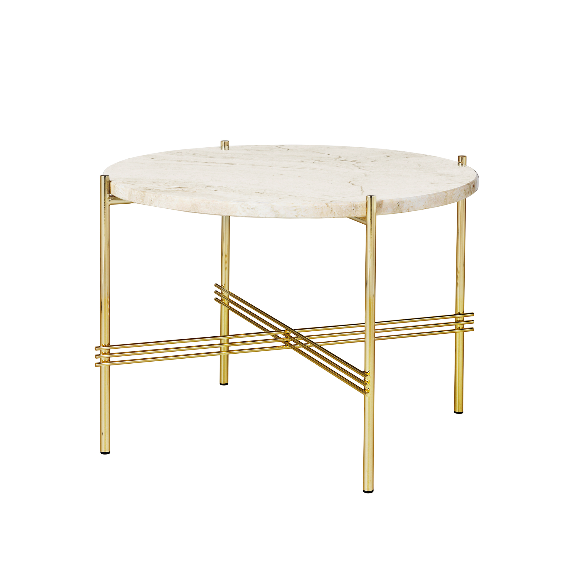 Gubi - TS Travertine Coffee Table Ø 55, Base Brass, Top White Travertine - Soffbord - GamFratesi - Vit - Metall/Sten