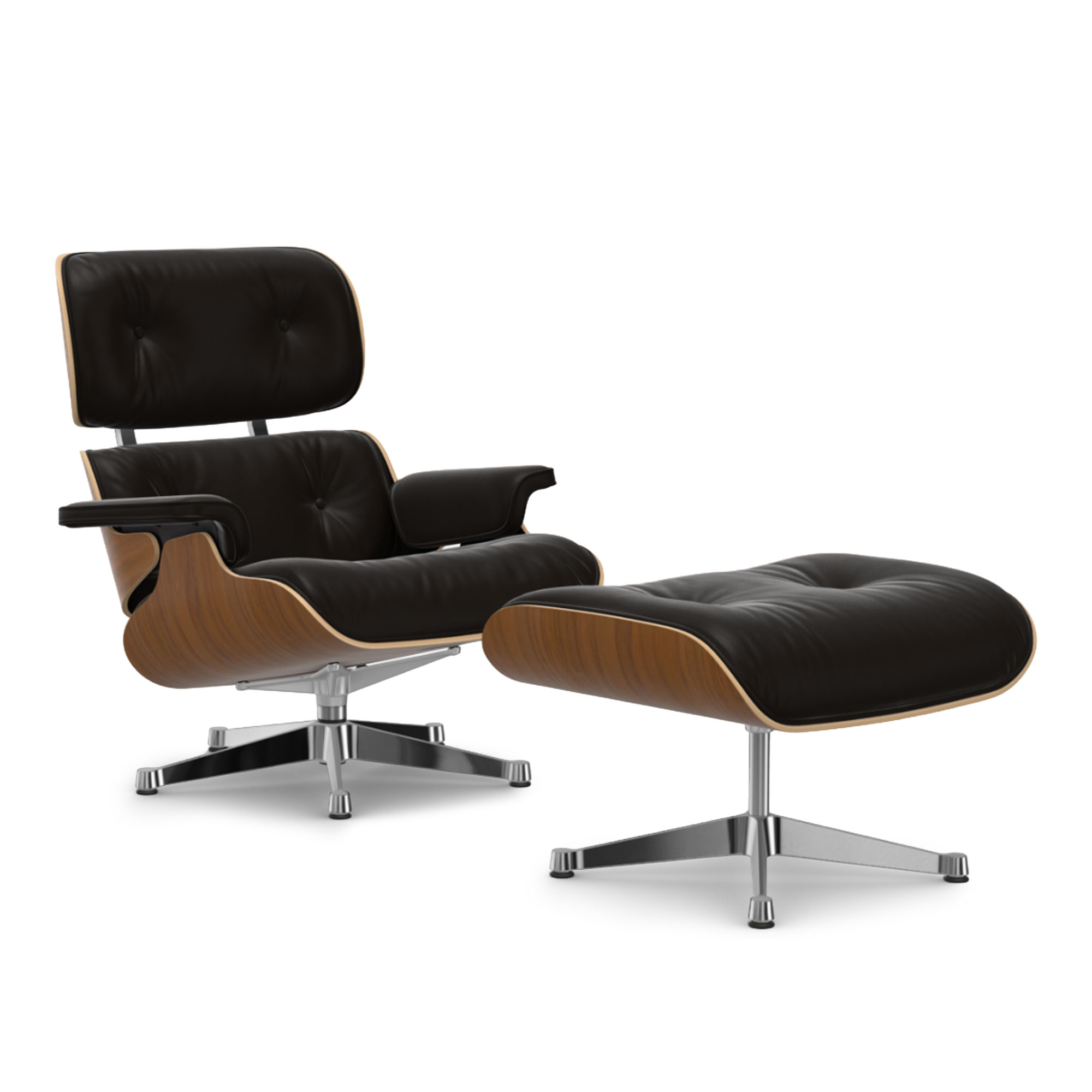 Vitra - Eames Lounge Set Natural Walnut Leather Premium Chocolate 68 Polished Aluminium - Fåtöljer - Charles & Ray Eames - Brun | Möbler - Fåtöljer Och Puffar - Fåtöljer | Möbelexperten