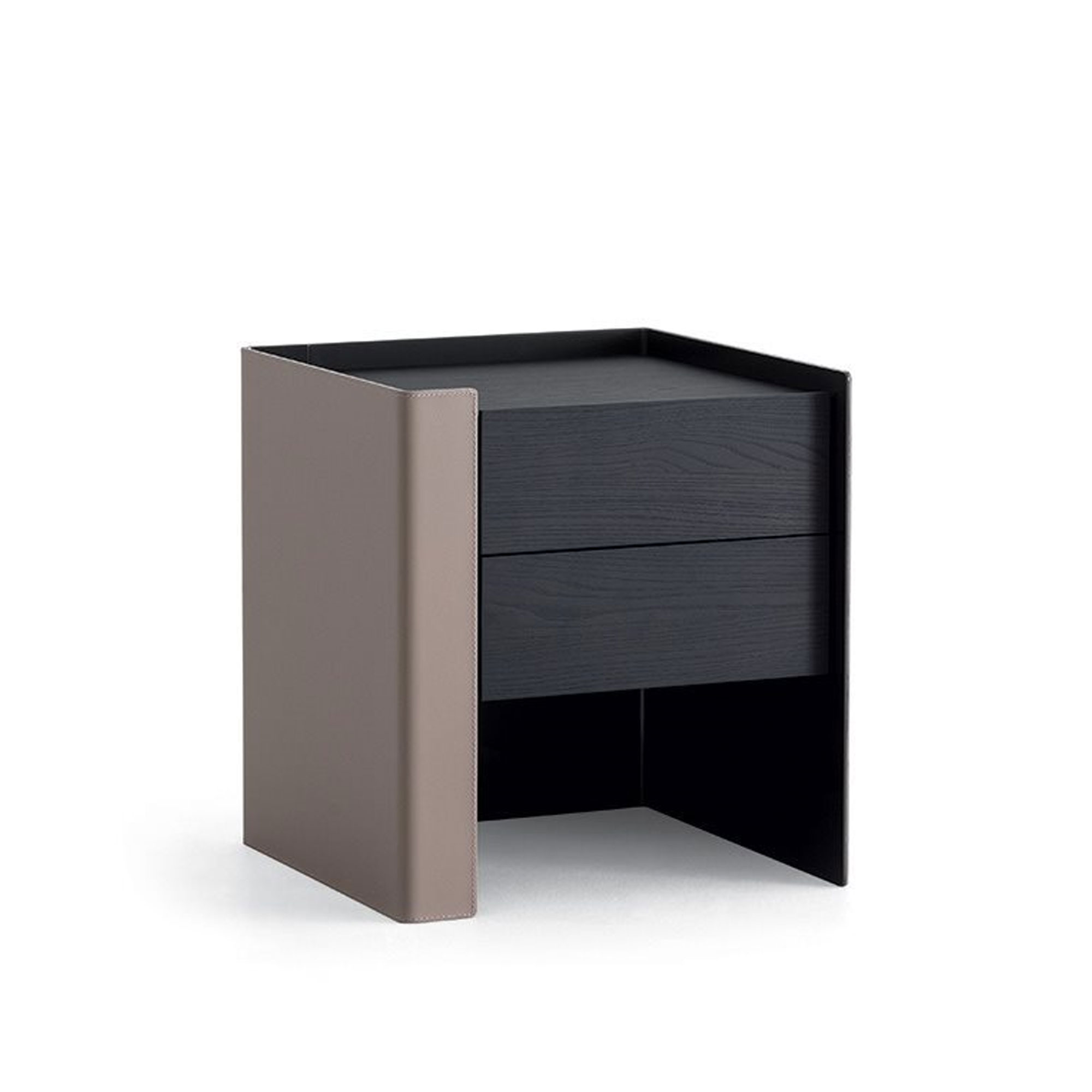 Poliform - Chloe Night Table Right, Inner Struct. Matt Nickel, Outside 29 Tortora, Top Black Elm - Småbord & sidobord - Carlo Colombo - Svart - Läder/Metall/Trä