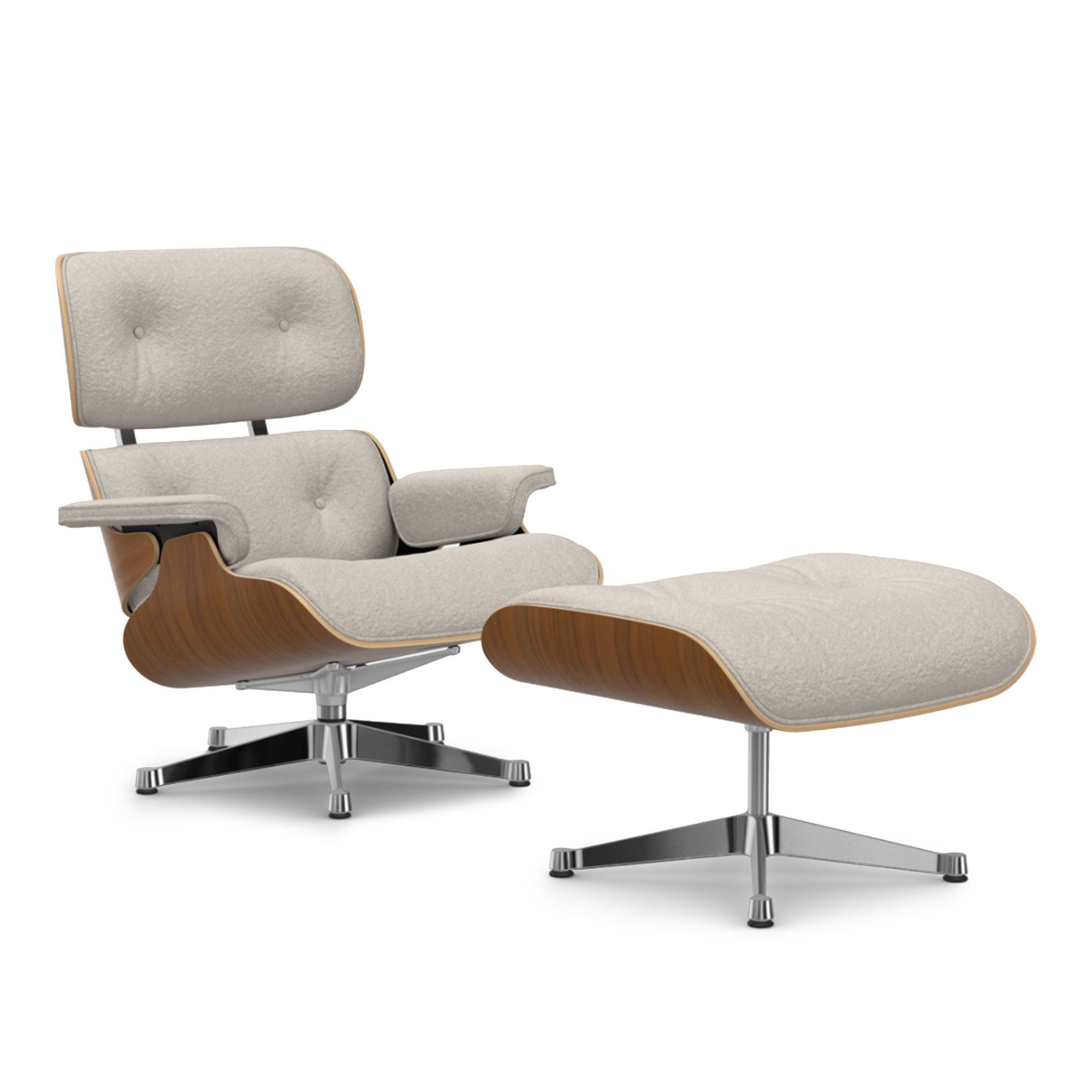 Vitra - Eames Lounge Set Natural Walnut Nubia Ivory Pearl 01 Polished Aluminium - Fåtöljer - Charles & Ray Eames - Beige | Möbler - Fåtöljer Och Puffar - Fåtöljer | Möbelexperten