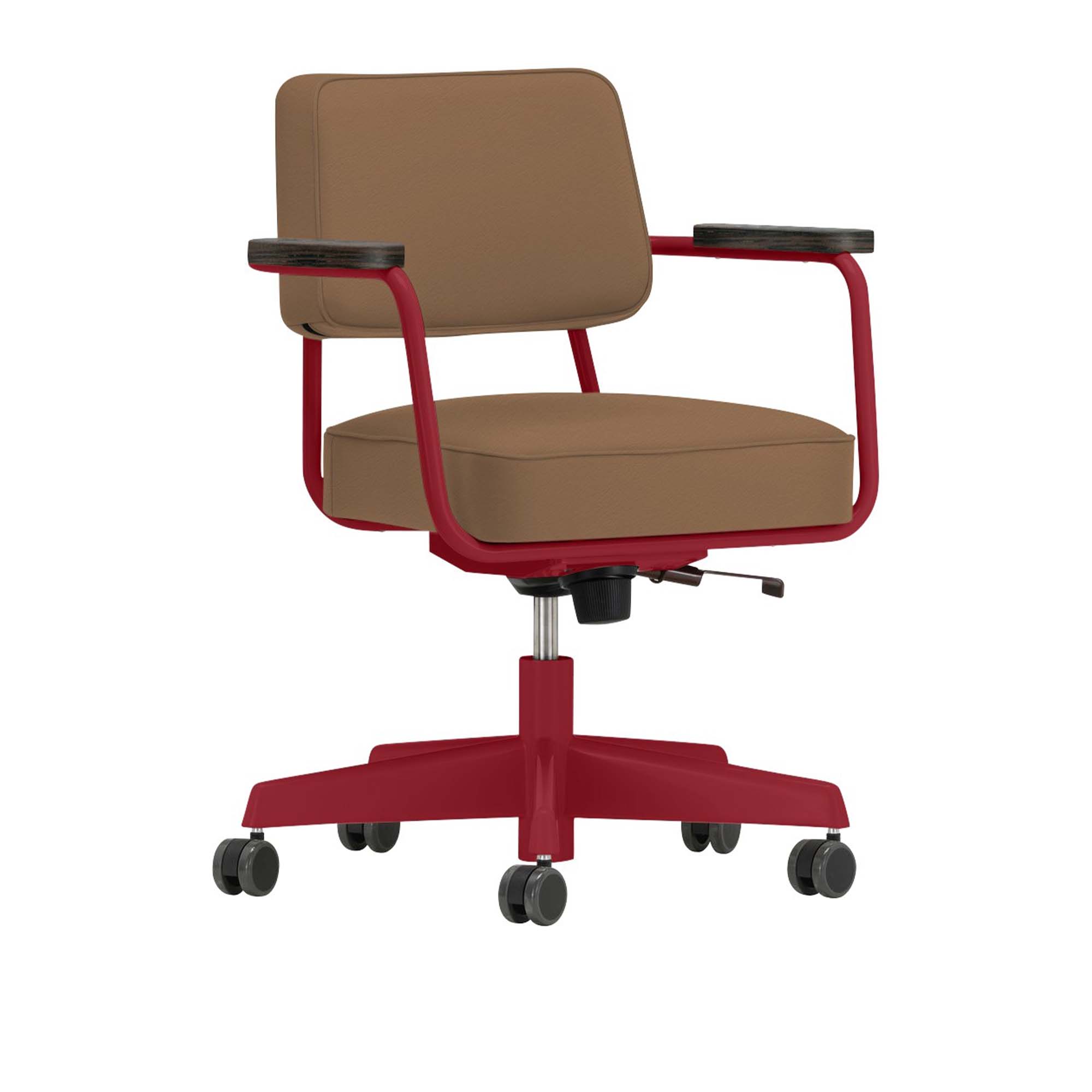 Vitra - Fauteuil Direction Pivotant, Base Japanese Red, Dark Oak, Leather Premium Cat. L40 Col. 75 Camel - Skrivbordsstolar - Jean Prouvé - Brun