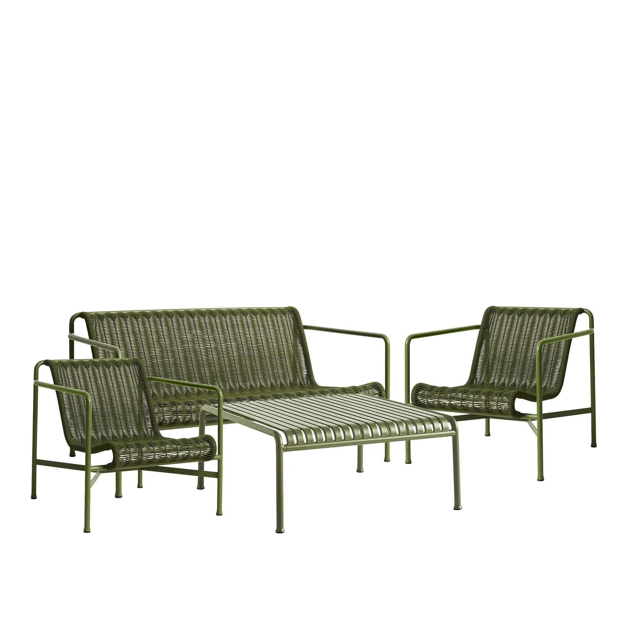 Palissade cord loungegruppe med loungesofa, 2 loungestoler & lavt tredgårdsbord