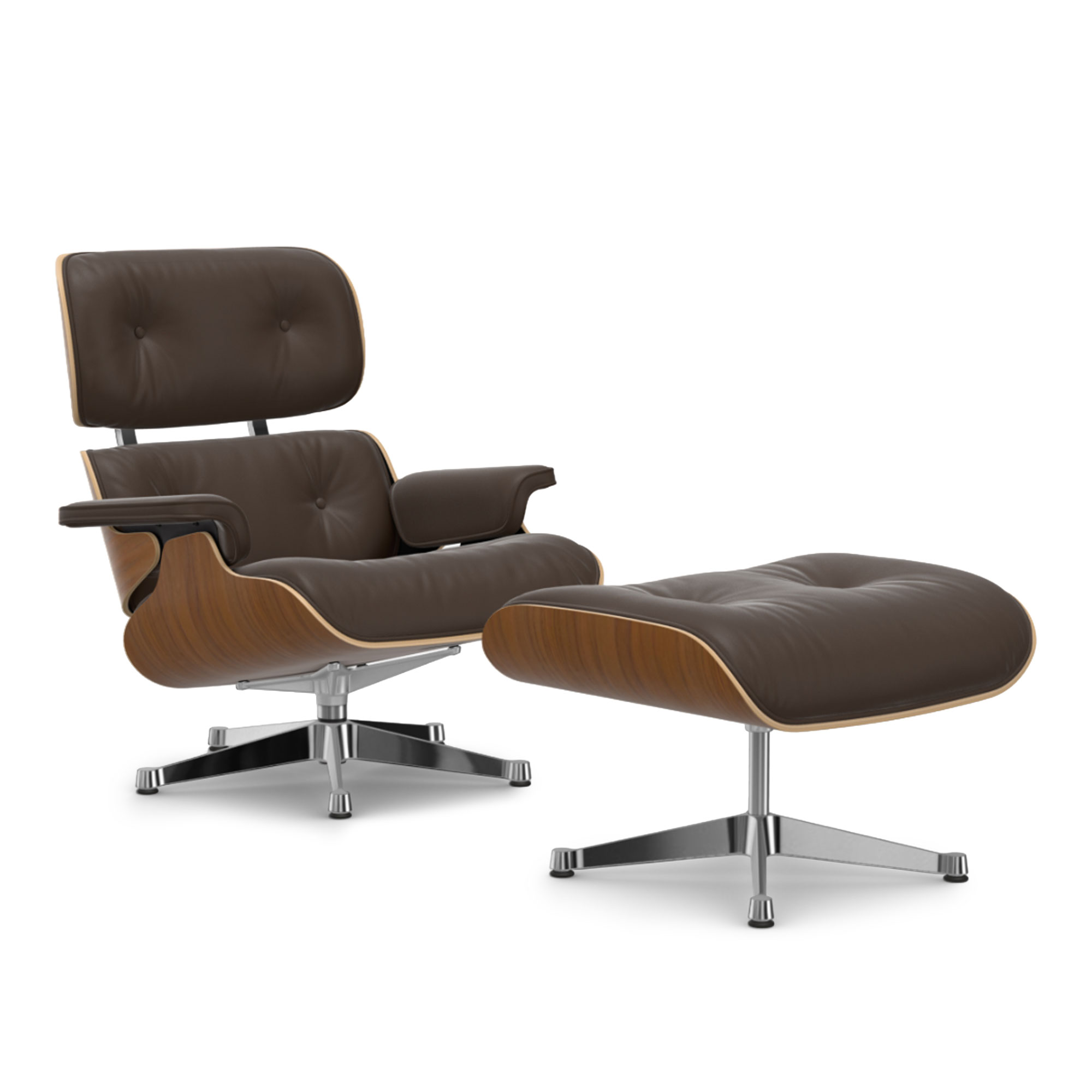 Vitra - Eames Lounge Set Natural Walnut Leather Premium Marron 69 Polished Aluminium - Fåtöljer - Charles & Ray Eames - Brun | Möbler - Fåtöljer Och Puffar - Fåtöljer | Möbelexperten