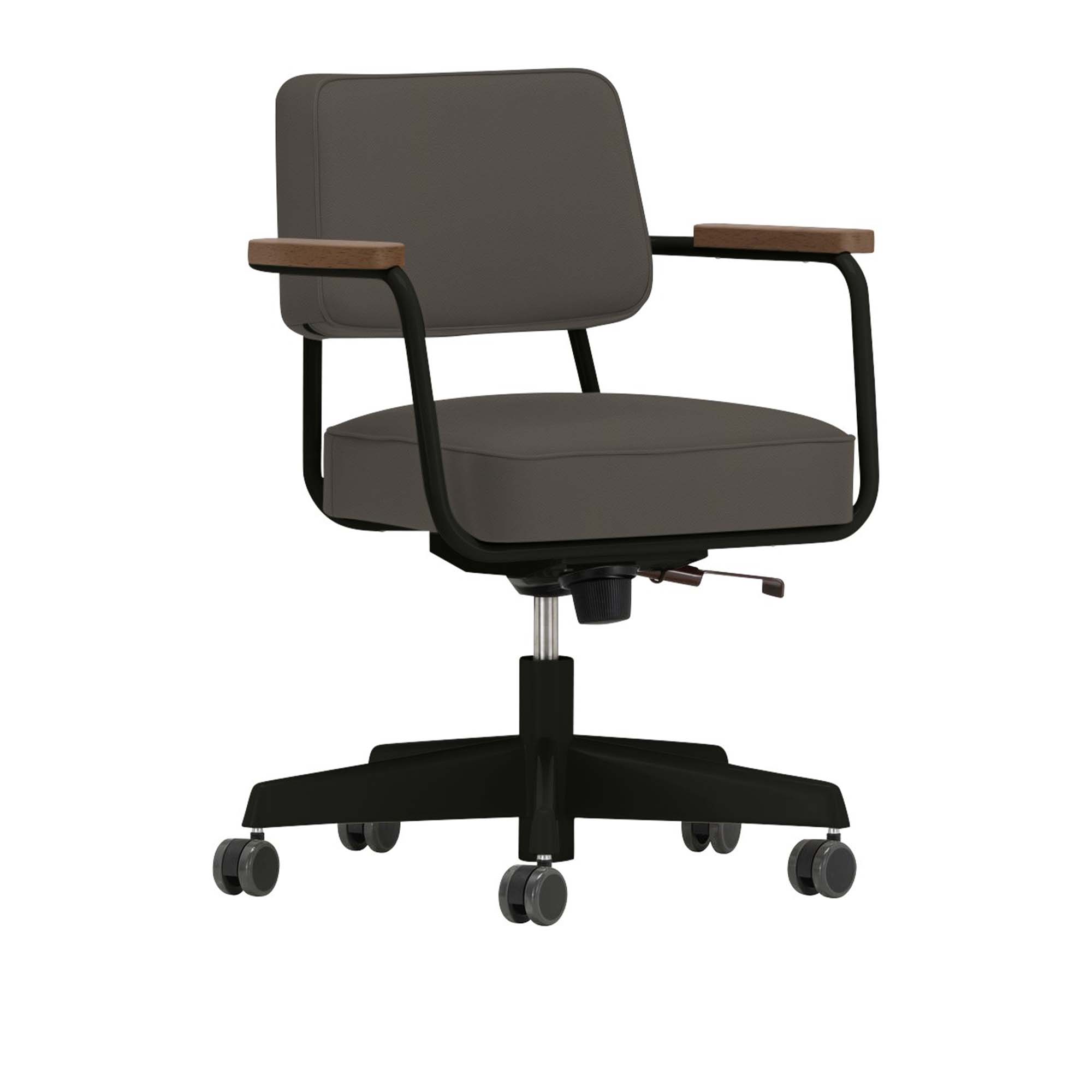 Vitra - Fauteuil Direction Pivotant, Walnut, Base Deep Black, Leather Premium Cat. L40 Col. 61 Umbra Grey - Skrivbordsstolar - Jean Prouvé - Grå