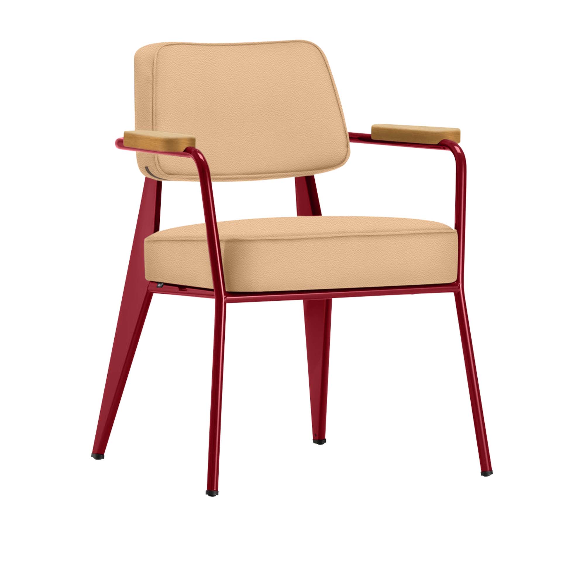 Vitra - Fauteuil Direction, Natural Oak, Base Japanese RedLeather Premium Cat. L40 Col. 63 Cashew - Matstolar - Jean Prouvé - Beige - Läder/Metall/Trä/Skum