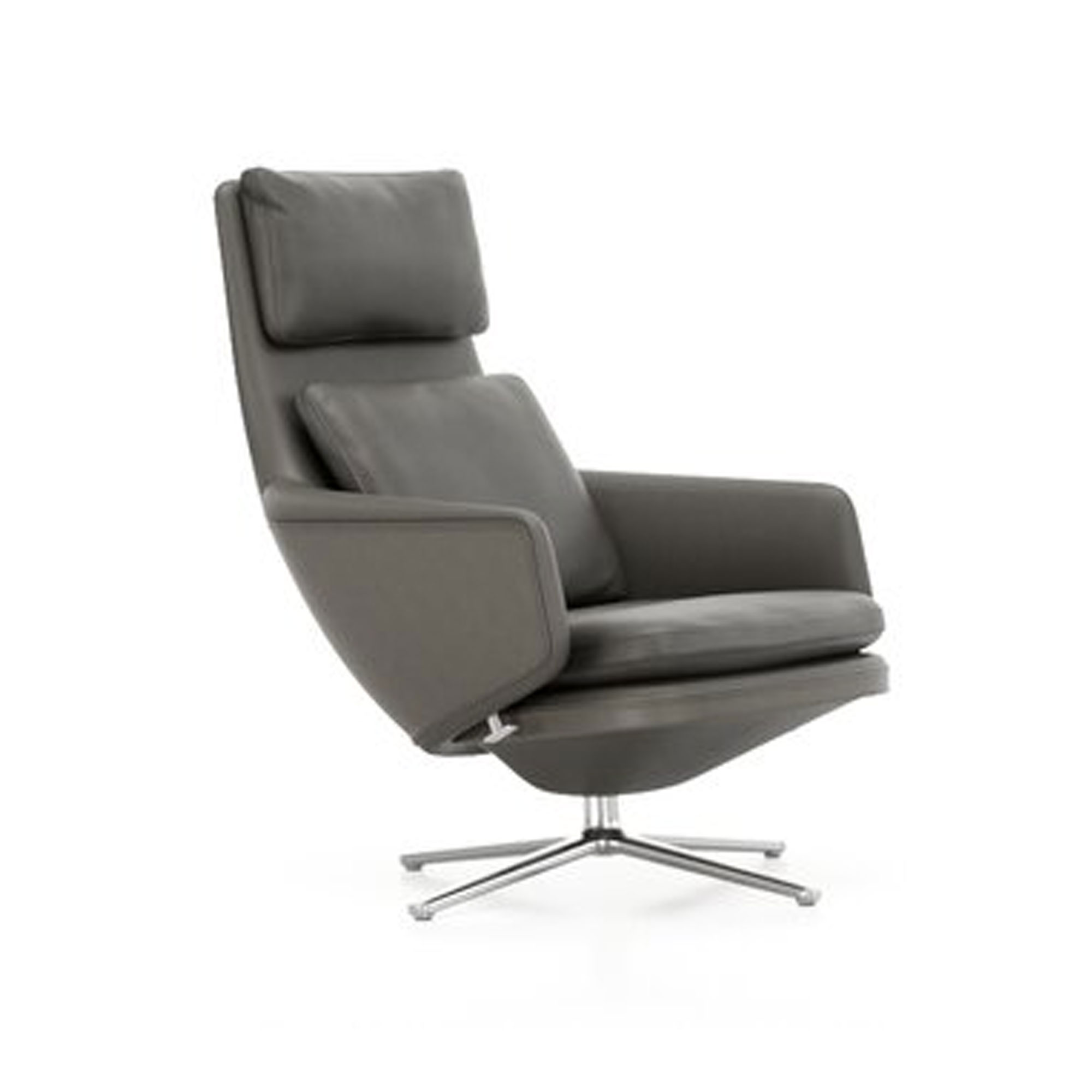 Vitra - Grand Relax Low, Aluminium Polished Base, Back/Seat Leather Premium Umbra Grey, Glides For Carpet - Snurrfåtöljer - Antonio Citterio - Grå - Dun/Läder/Metall/Skum